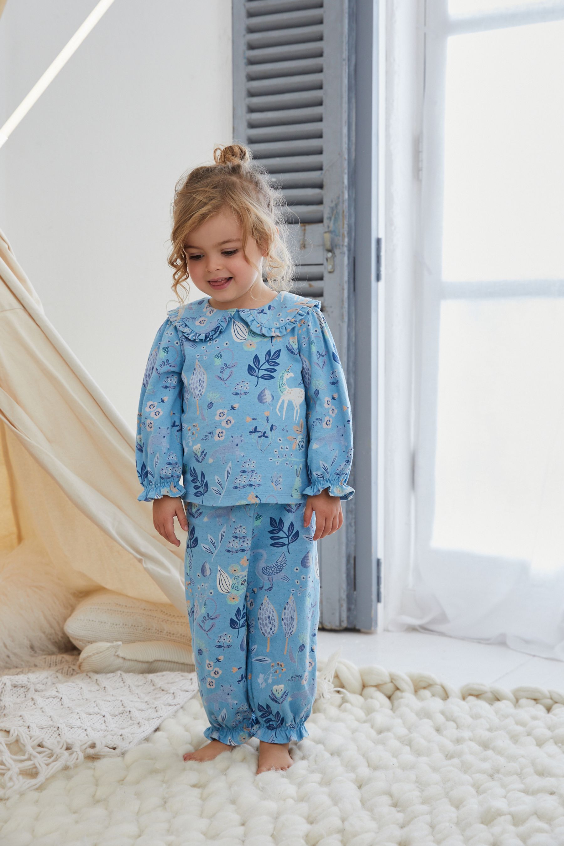 Blue/White Unicorn/Woodland Oversized Collar Cute Character Jogger 2 Pack Pyjama (9mths-8yrs)