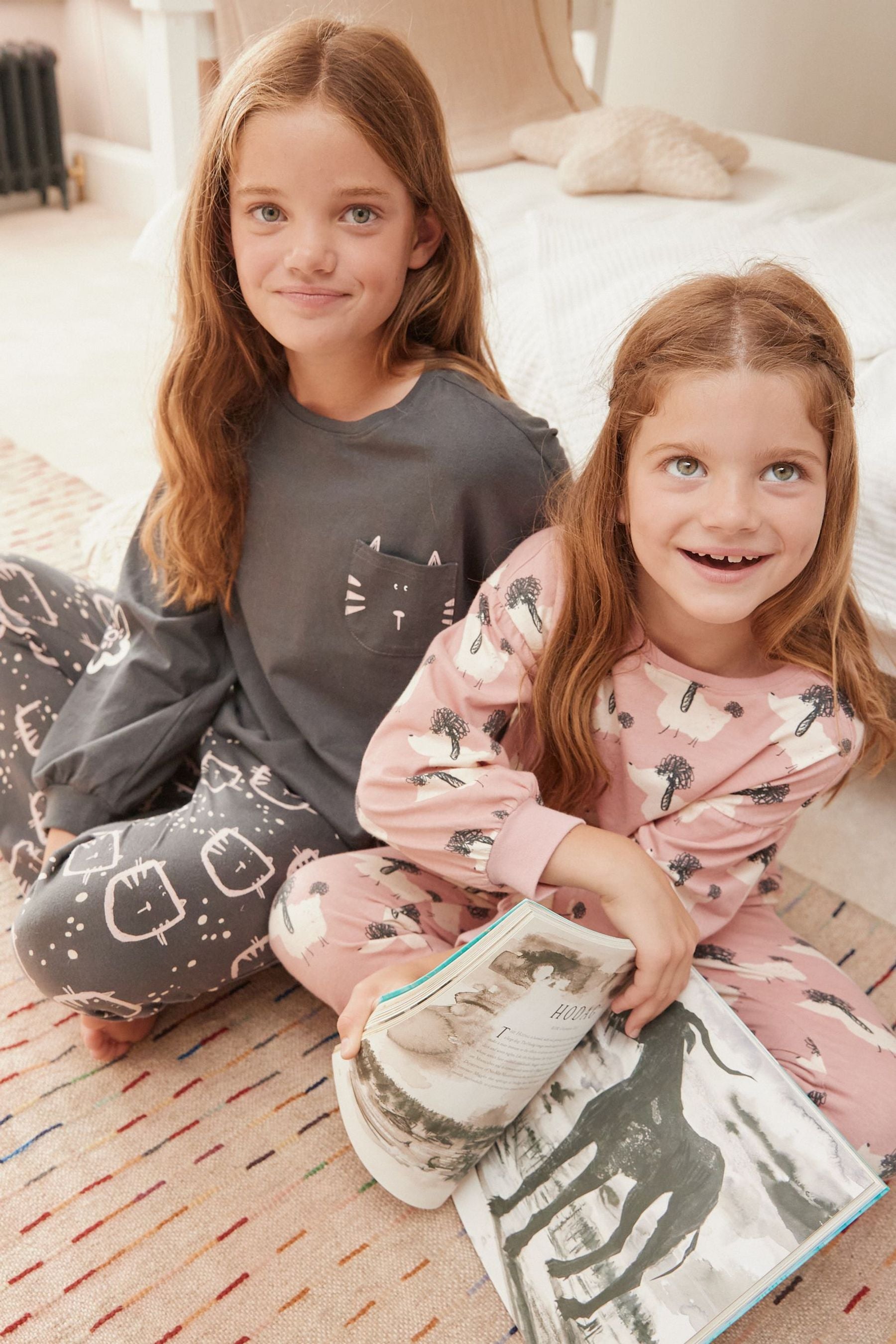 Charcoal Grey/Pink Cat/Dog Character 2 Pack Jogger Pyjamas (3-16yrs)