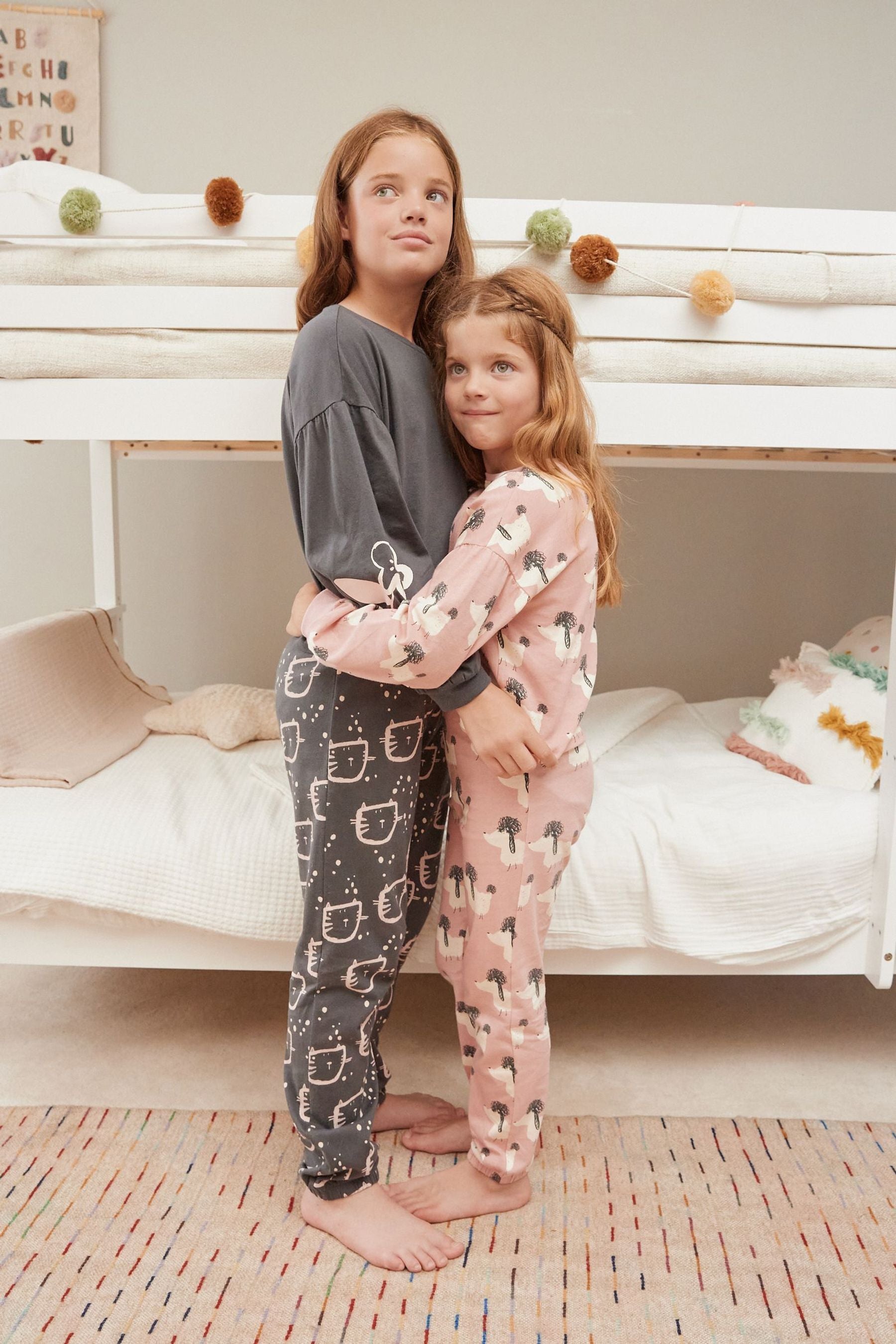 Charcoal Grey/Pink Cat/Dog Character 2 Pack Jogger Pyjamas (3-16yrs)