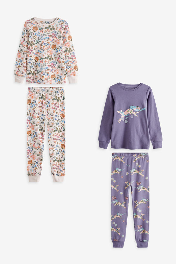 Blue/Cream Unicorn Floral 2 Pack Pyjamas (3-16yrs)