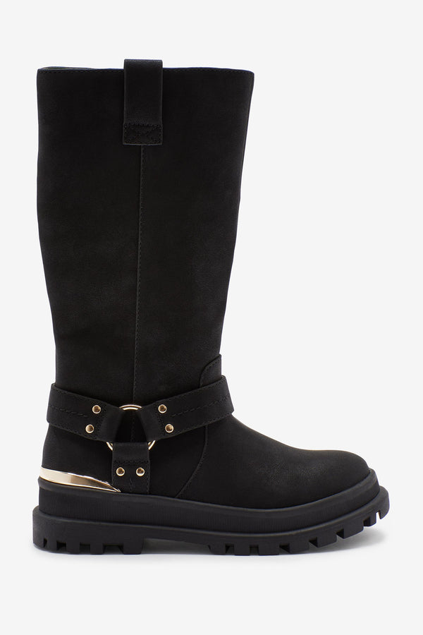 Black Gold Buckle Tall Chunky Boots