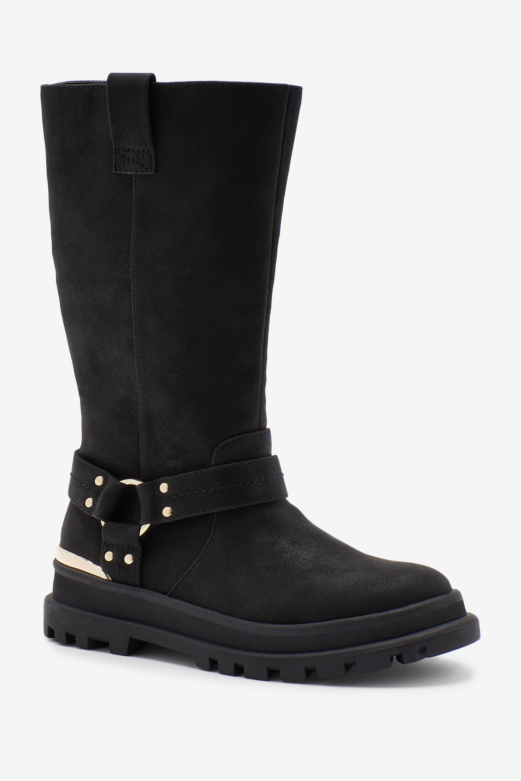 Black Gold Buckle Tall Chunky Boots