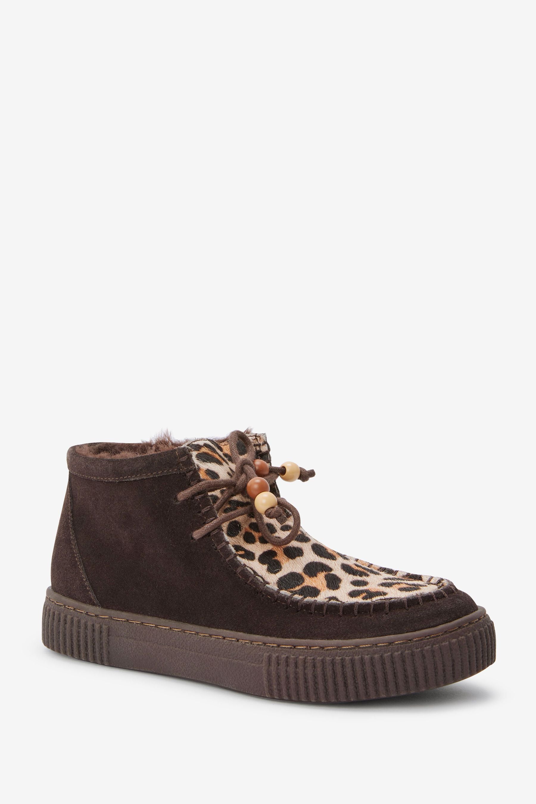 Brown Animal Print Leather Casual Warm Lined Boots