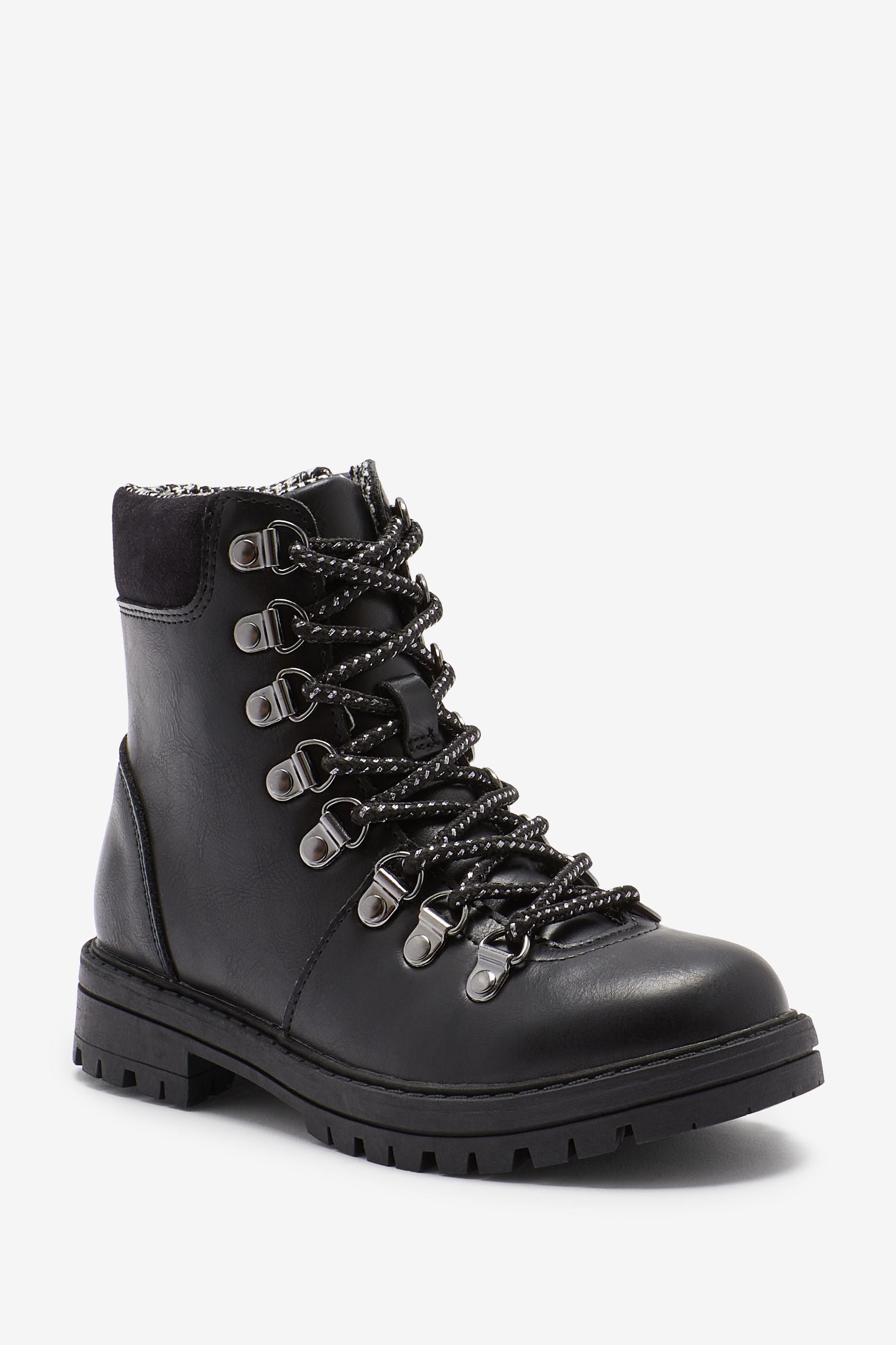 Black Contrast Silver Lace Hiker Boots