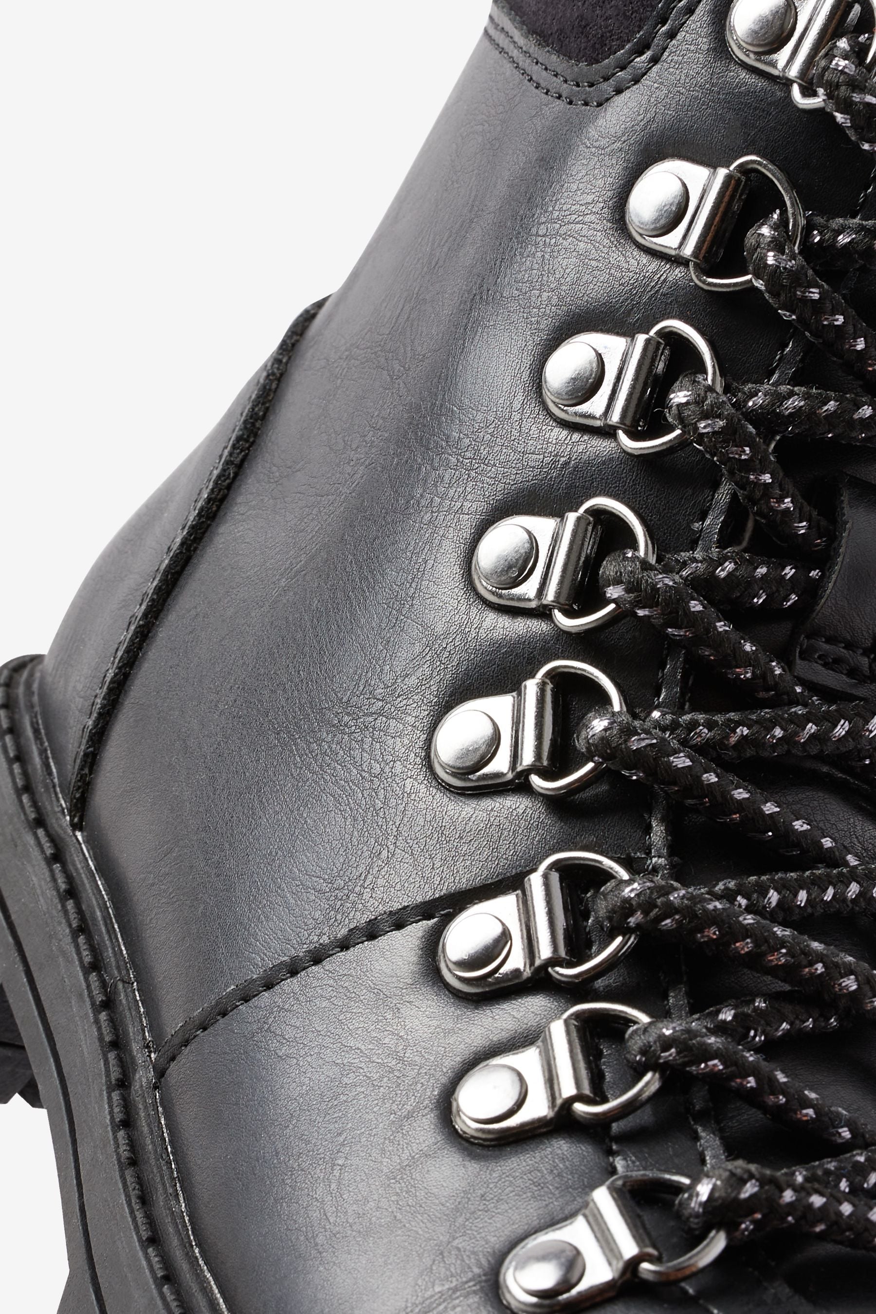 Black Contrast Silver Lace Hiker Boots