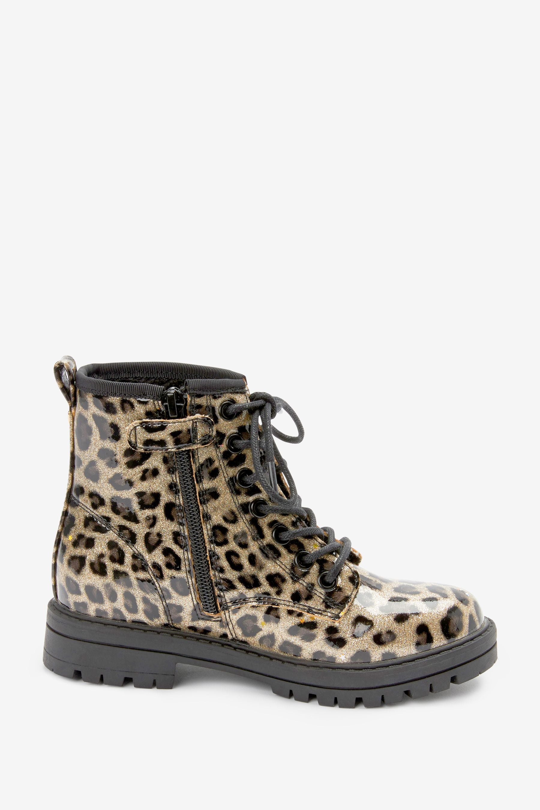 Animal Patent Glitter Warm Lined Lace-Up Boots