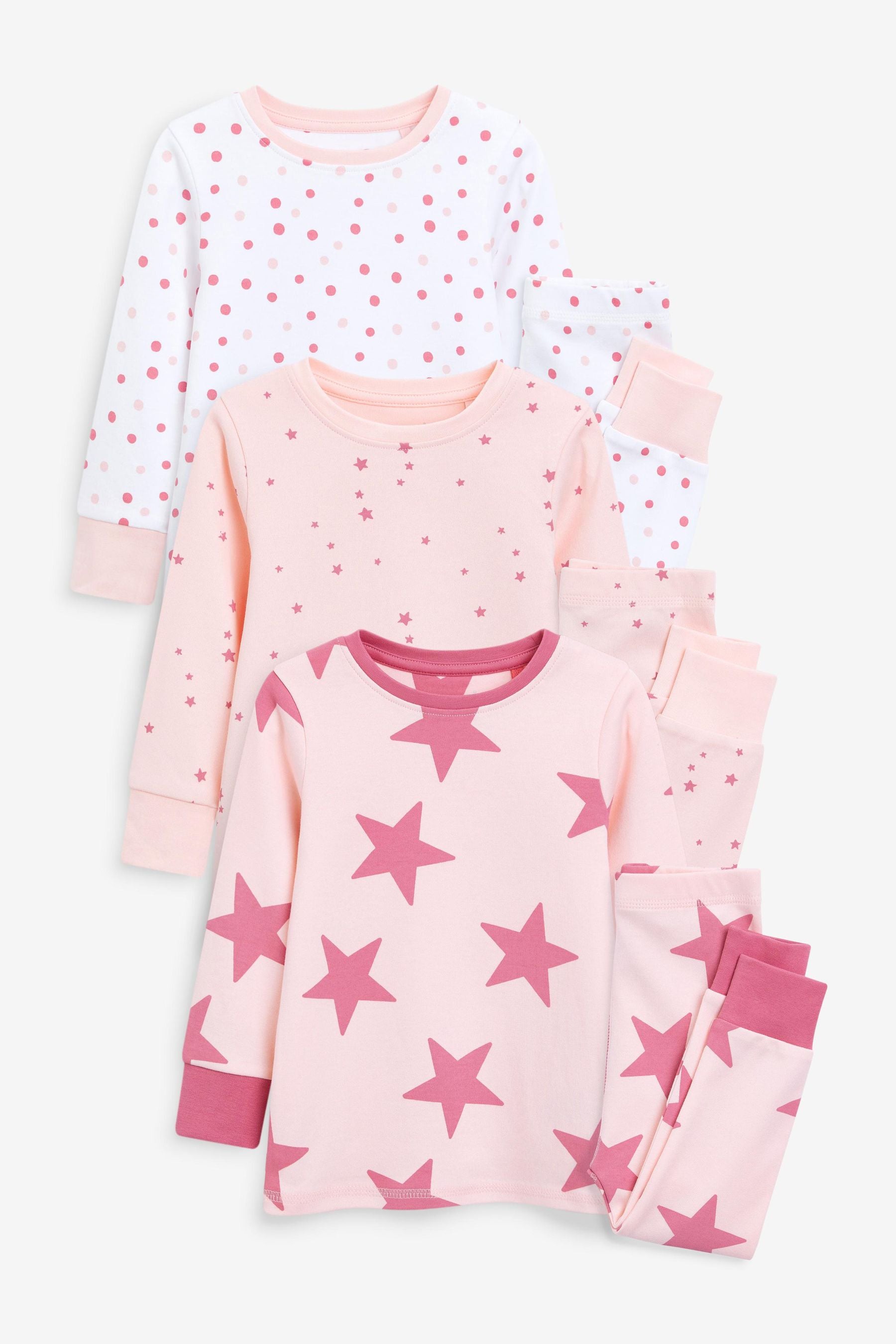 Pink/Cream Star Snuggle Pyjamas 3 Pack (9mths-8yrs)