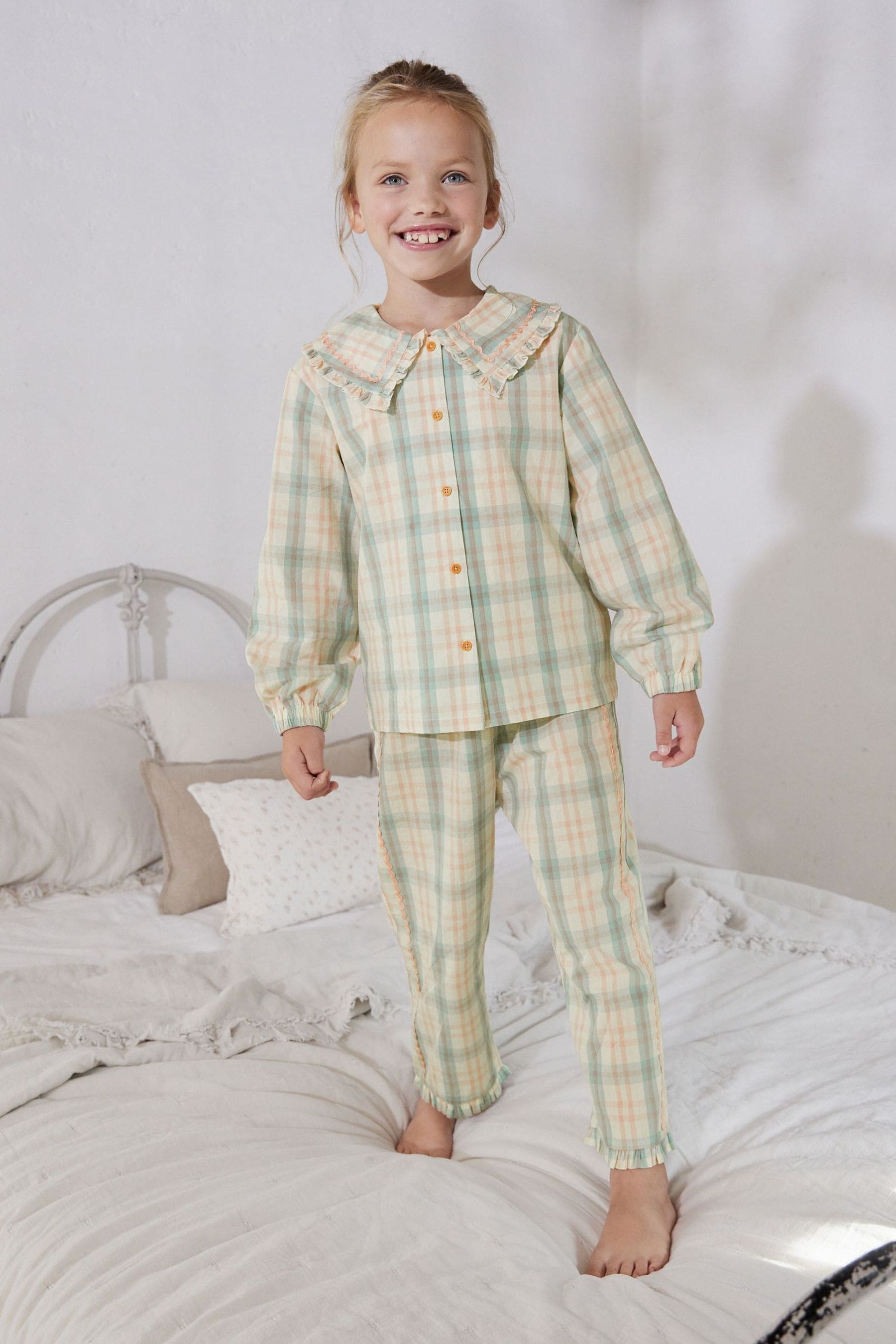 Cream/Green Woven Button Through Pyjama Set (3-16yrs)