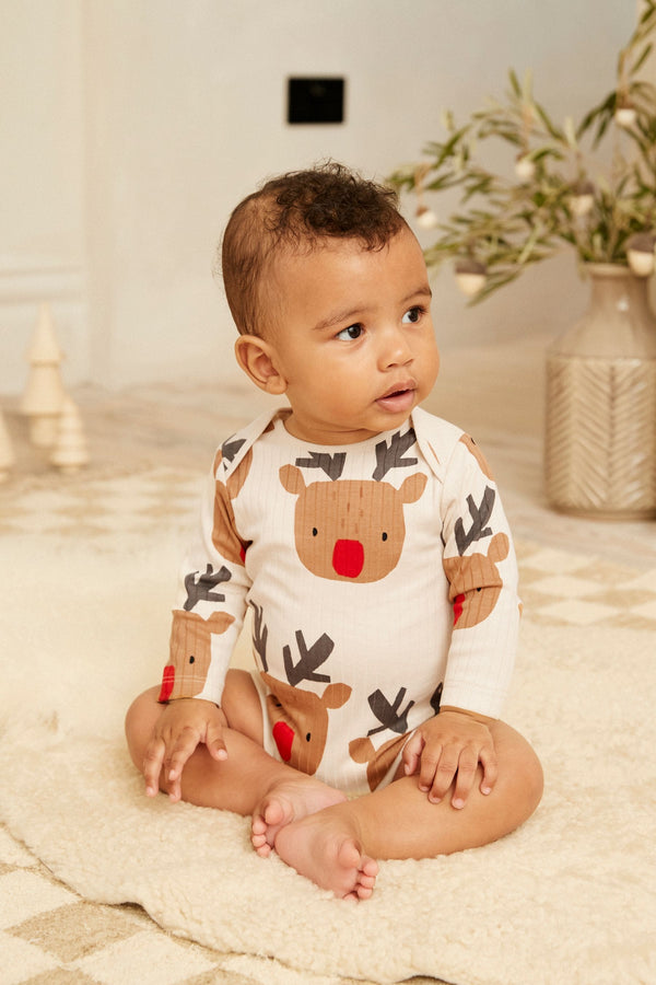 Cream Reindeer Baby Long Sleeve Rib Bodysuit 1 Pack