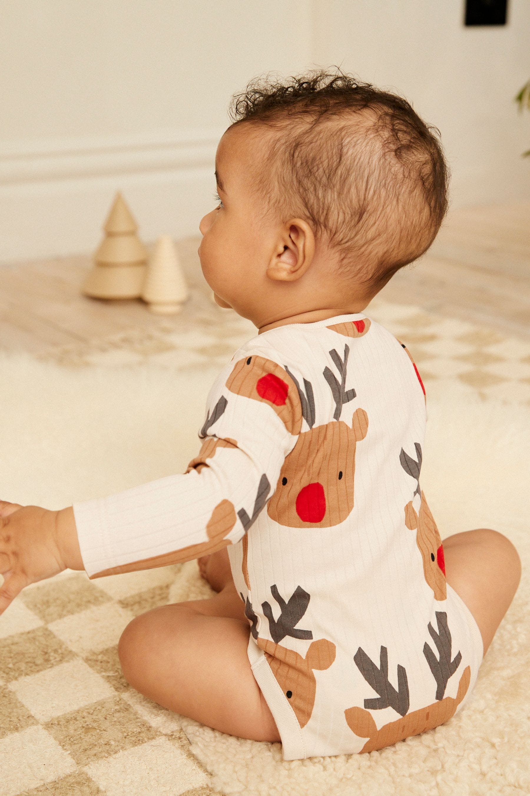 Cream Reindeer Baby Long Sleeve Rib Bodysuit 1 Pack