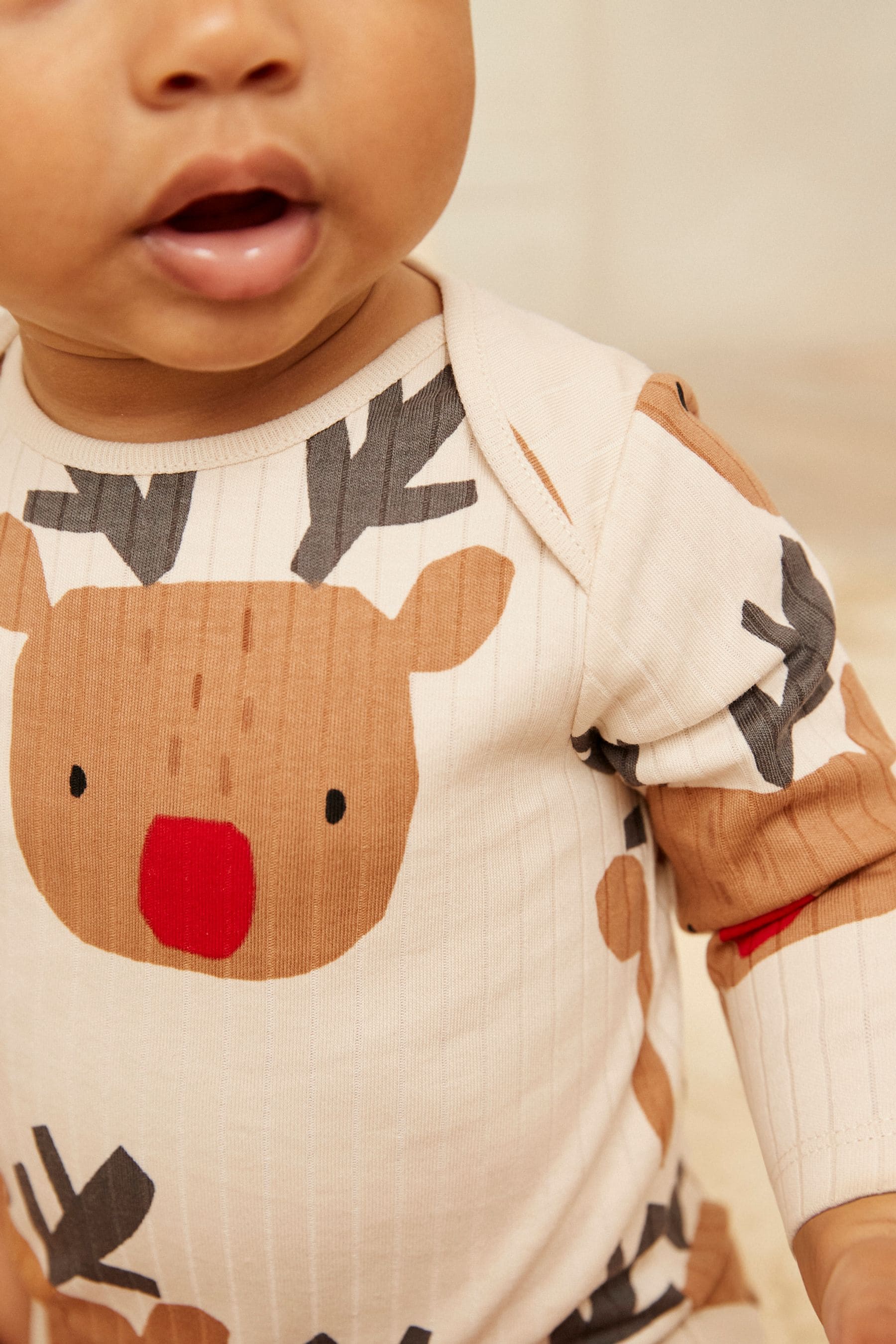 Cream Reindeer Baby Long Sleeve Rib Bodysuit 1 Pack