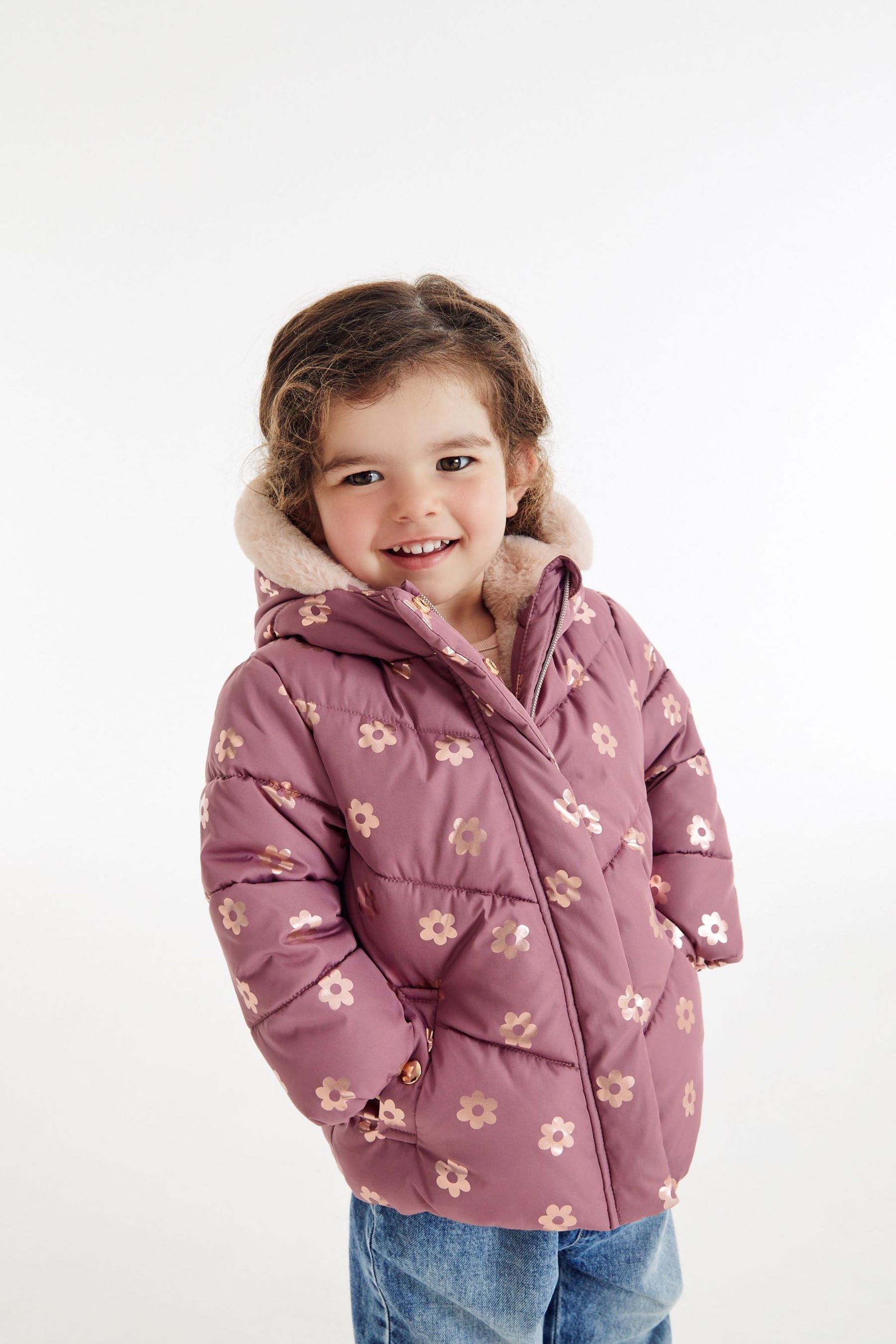 Mauve Purple Foil Heart Print Shower Resistant Coat (6mths-7yrs)