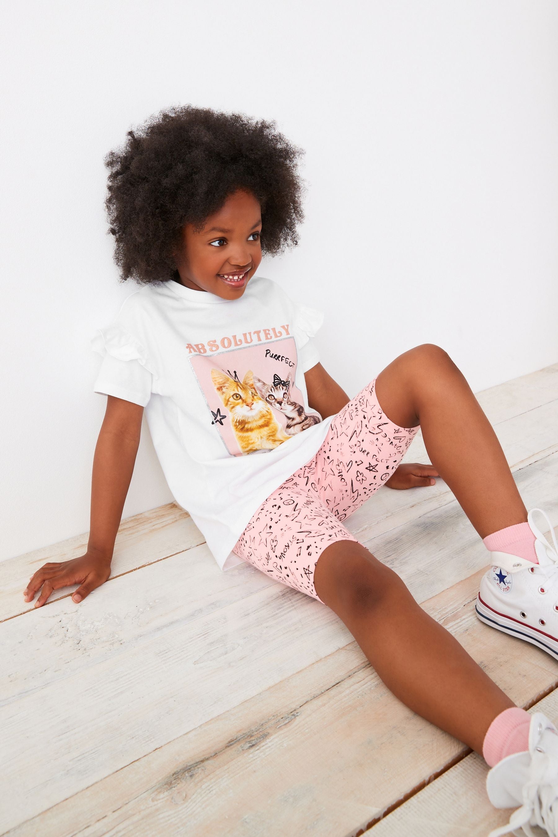 White/Pink T-Shirt & Cycle Short Set (3-16yrs)