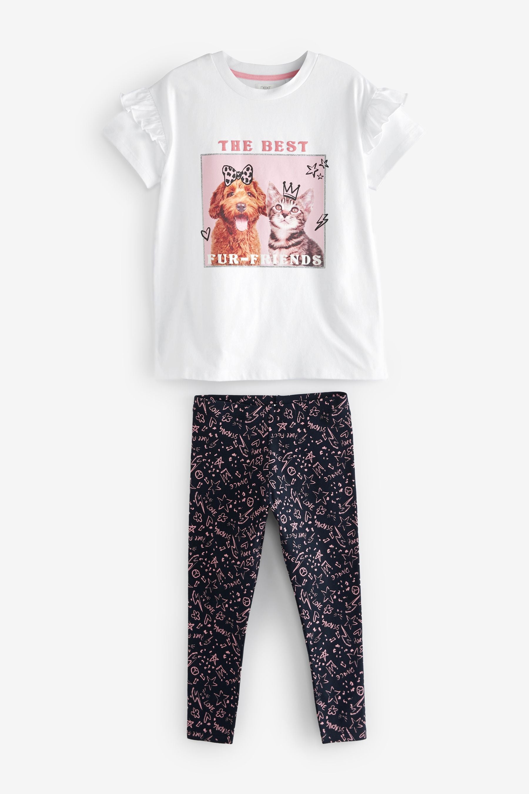 White/Pink Fur Friend Graphic Print T-Shirt & Legging Set (3-16yrs)