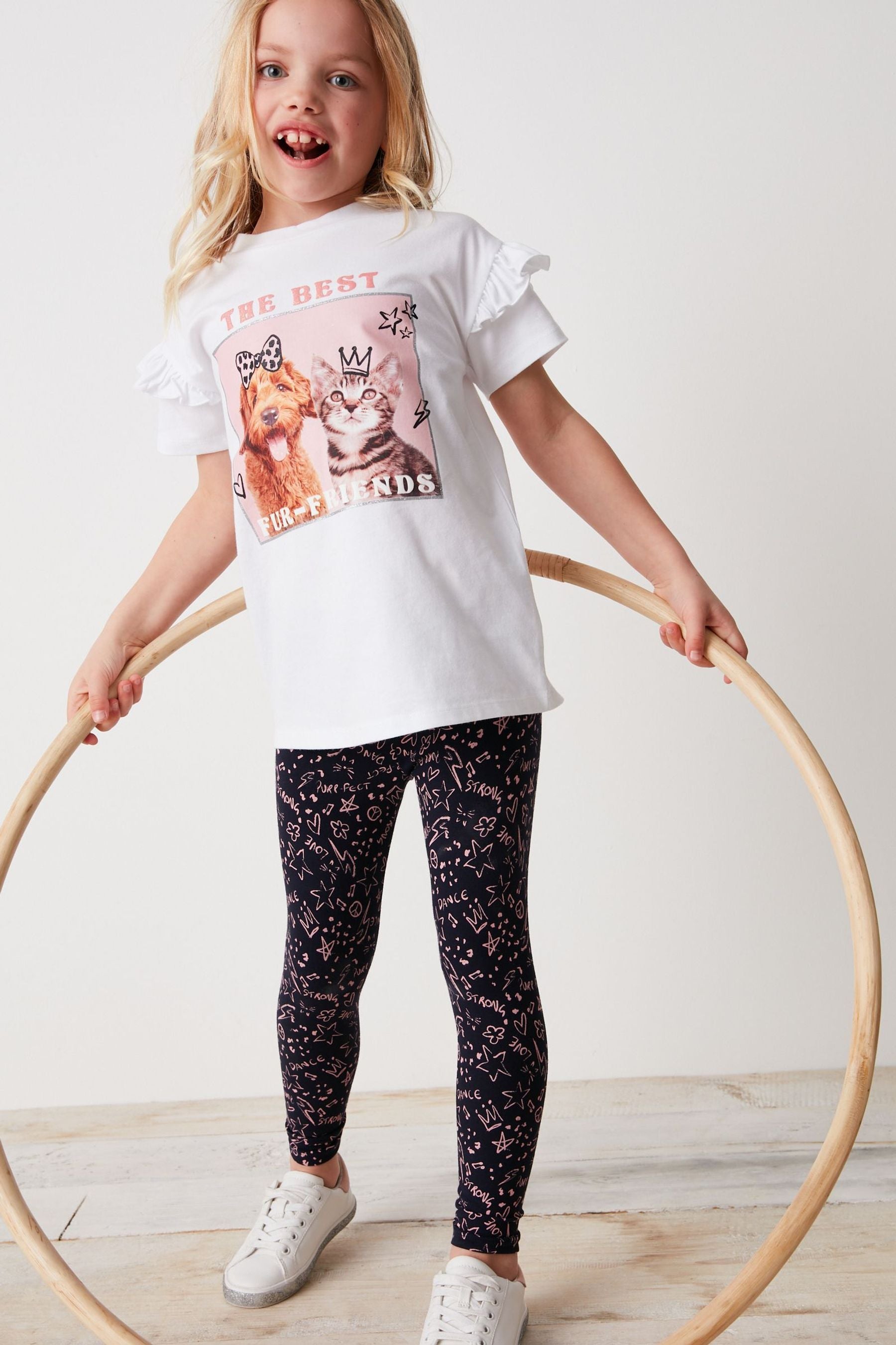 White/Pink Fur Friend Graphic Print T-Shirt & Legging Set (3-16yrs)