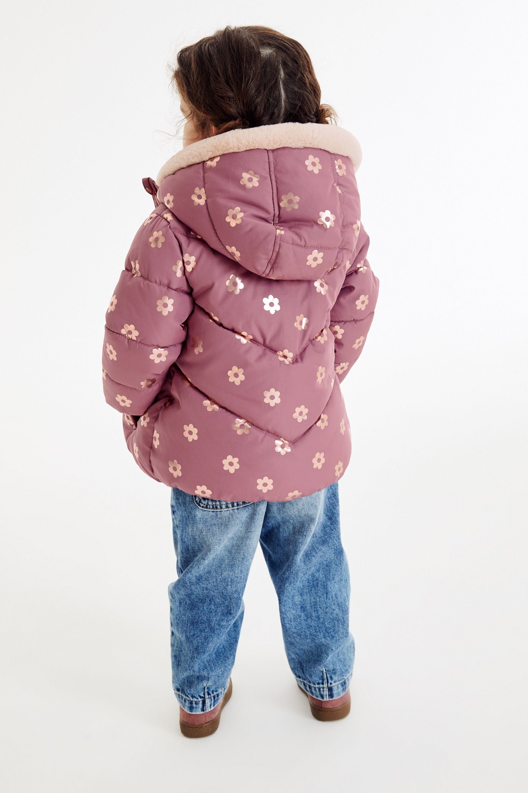 Mauve Purple Foil Heart Print Shower Resistant Coat (6mths-7yrs)