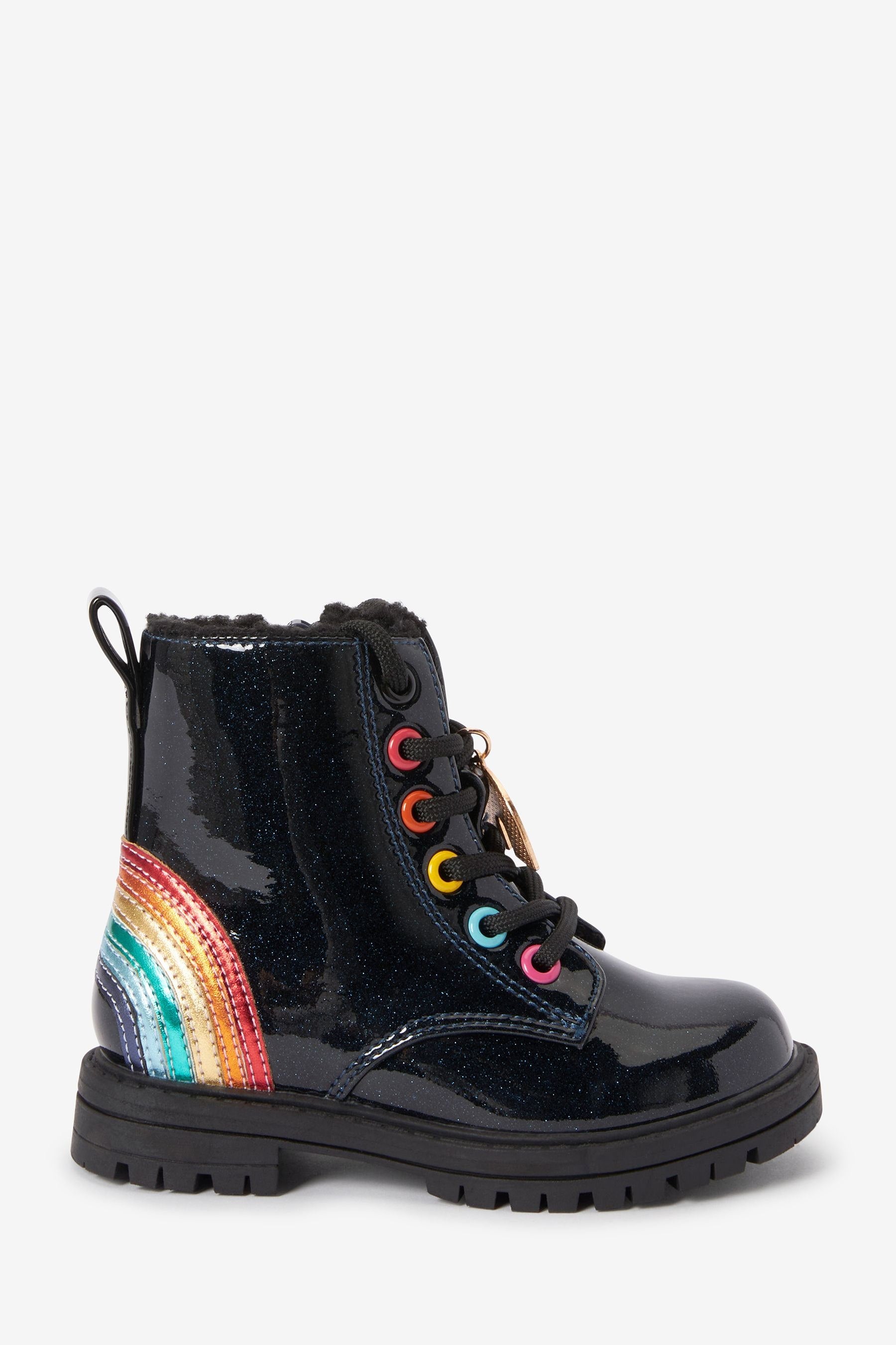 Navy Blue Rainbow Warm Lined Lace-Up Boots