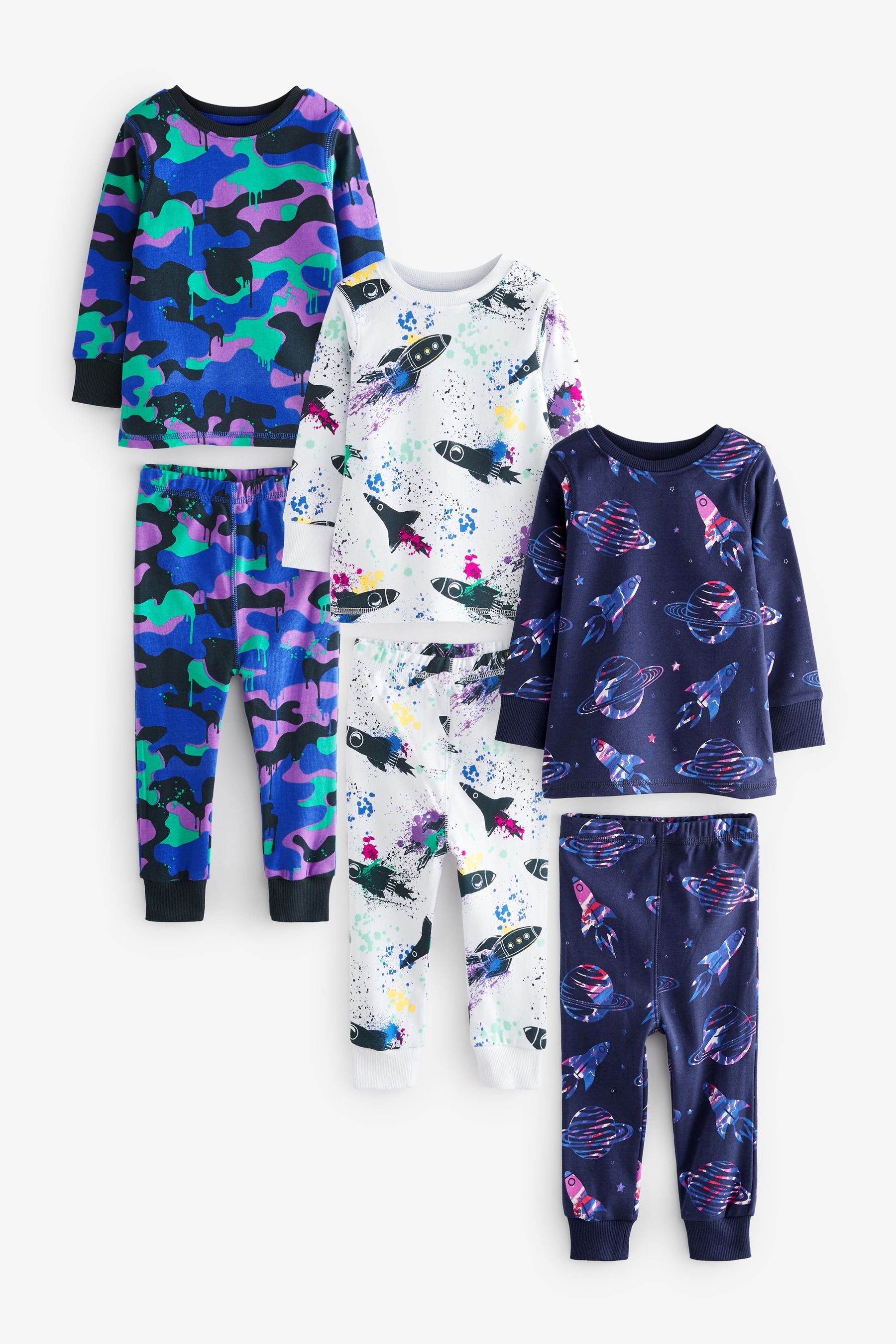 Purple/White Space Camouflage Snuggle Pyjamas 3 Pack (9mths-8yrs)