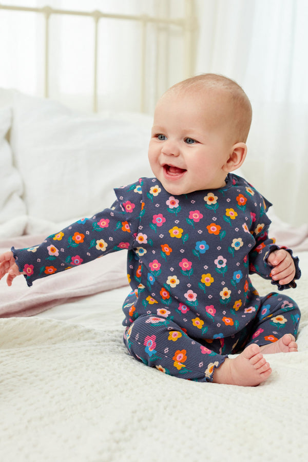 Navy Blue Floral Baby Top And Leggings Set