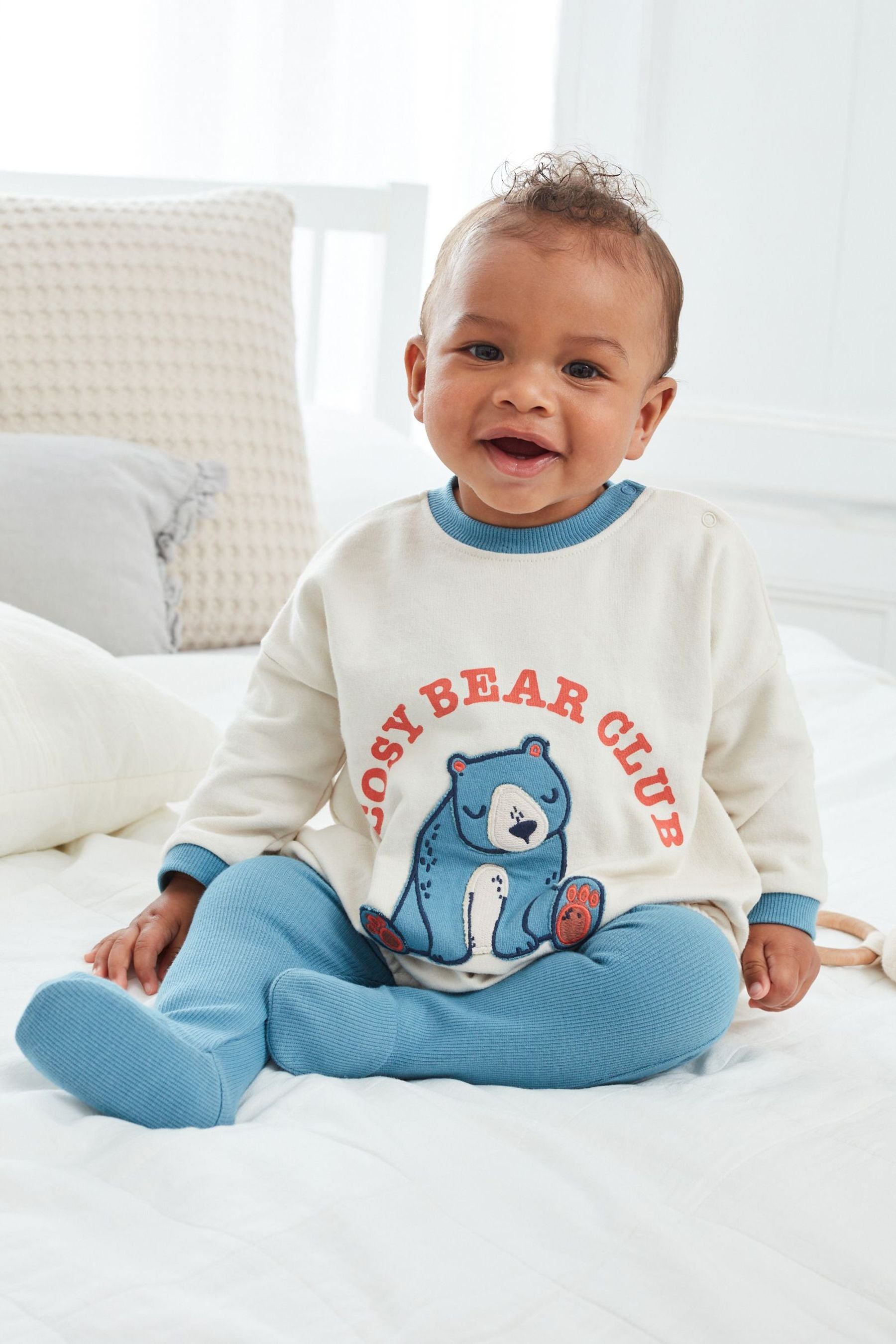 Blue/Ecru Cream Baby 2 Piece Bear Sweatshirt Romper And Leggings Set