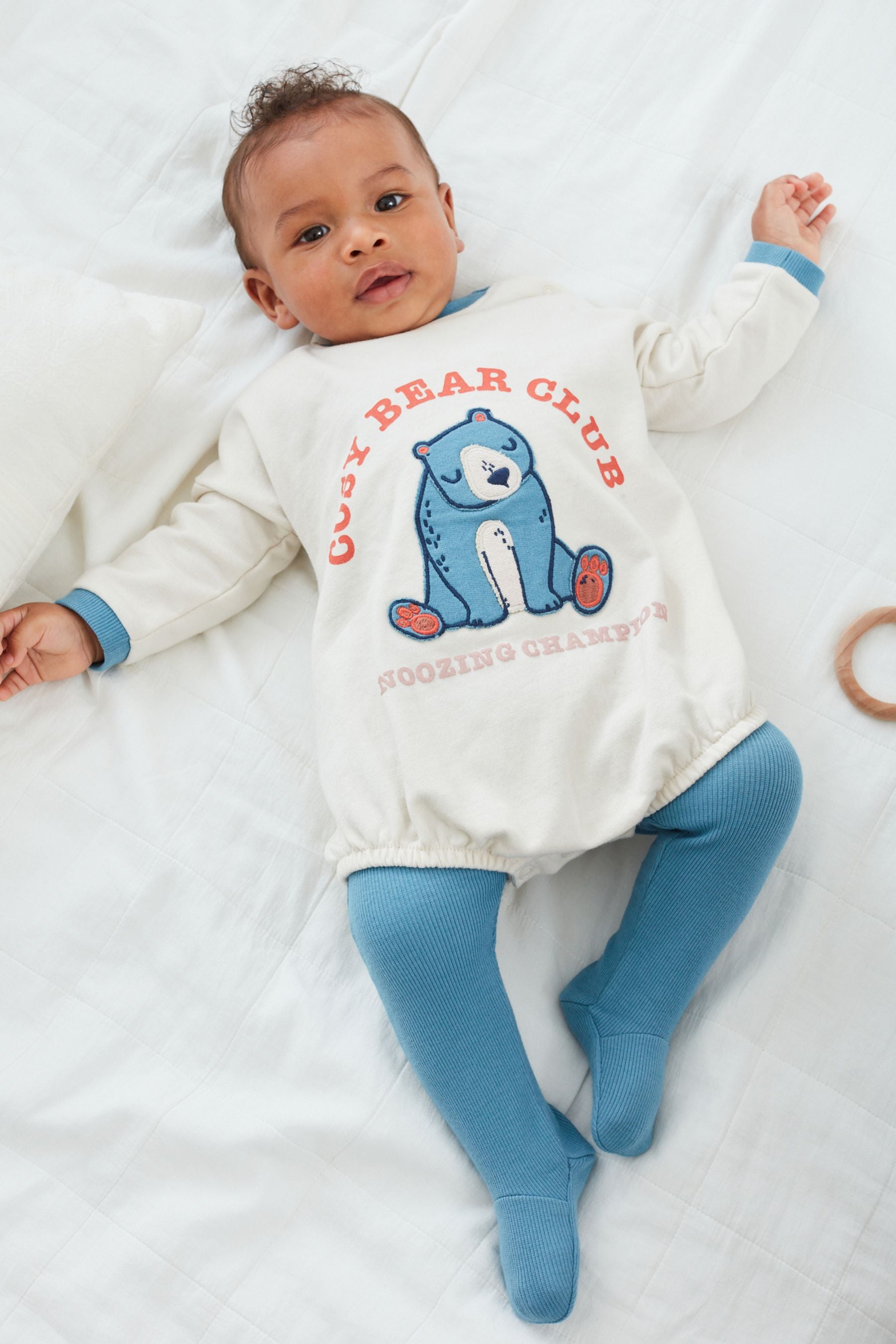 Blue/Ecru Cream Baby 2 Piece Bear Sweatshirt Romper And Leggings Set