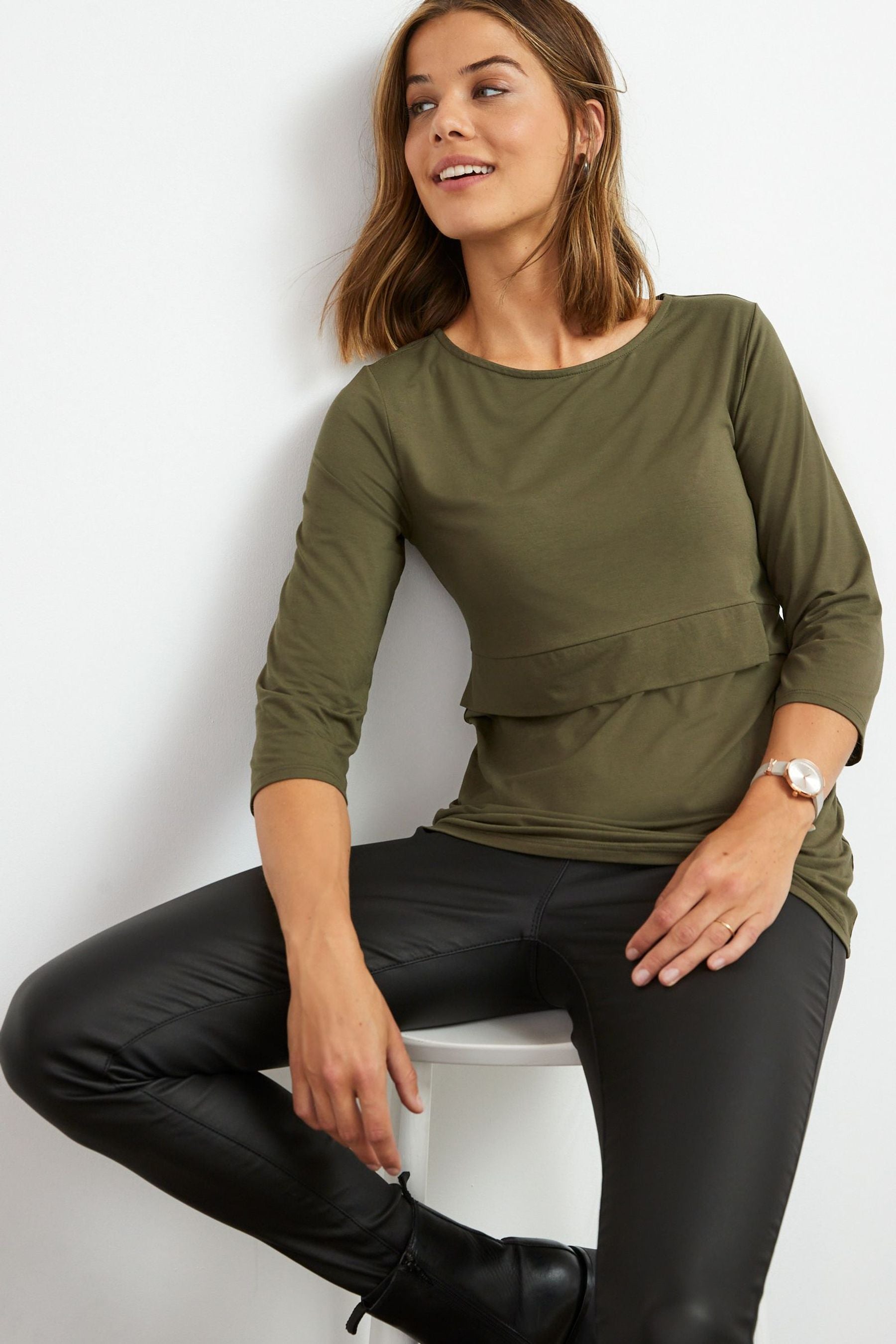 Khaki Green Maternity / Nursing Shelf Layer Top