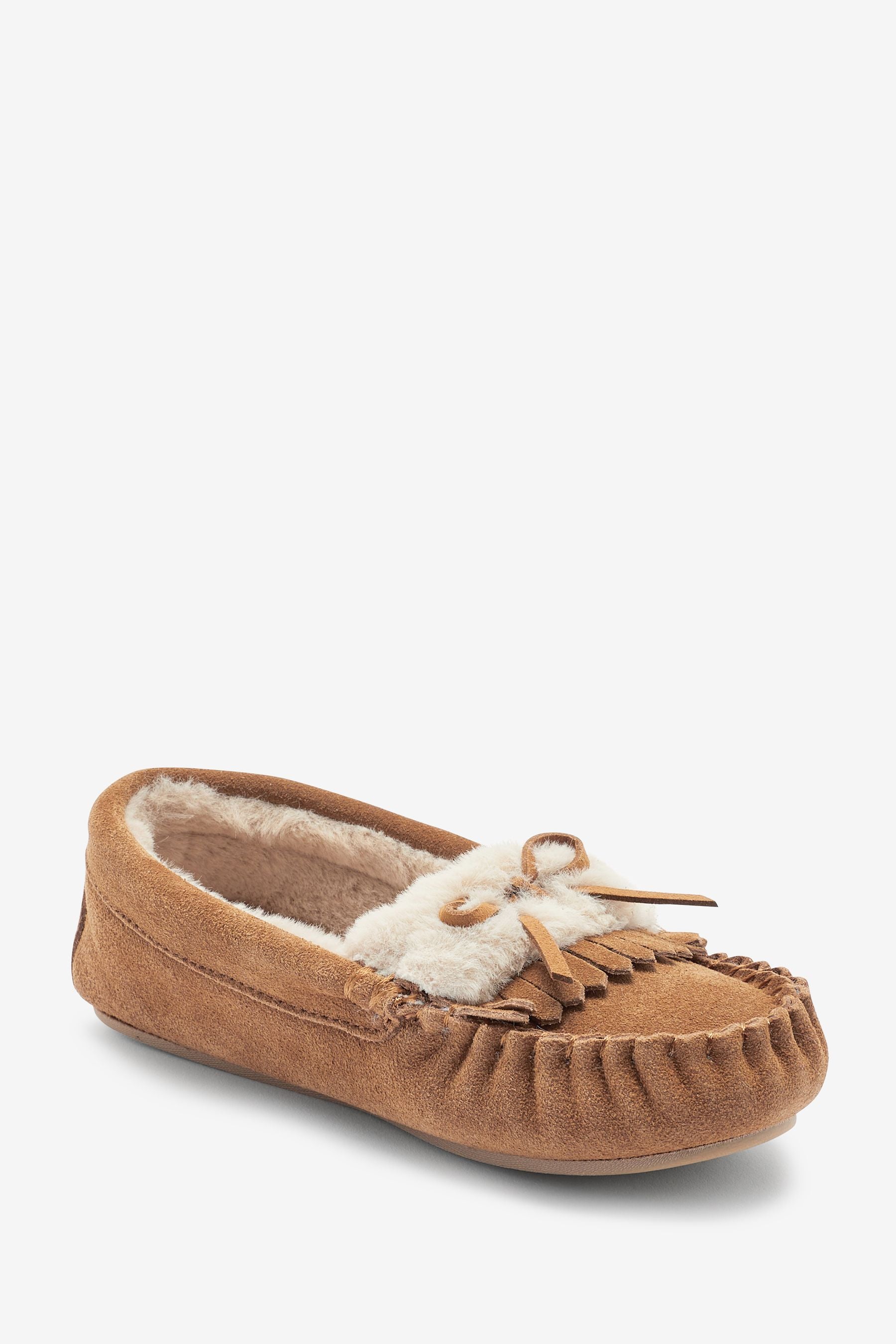 Tan Brown Leather Moccasin Slippers