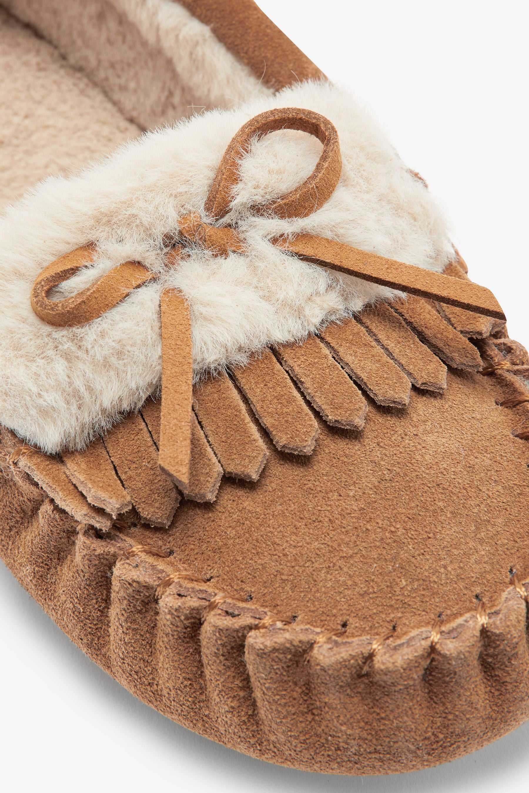 Tan Brown Leather Moccasin Slippers