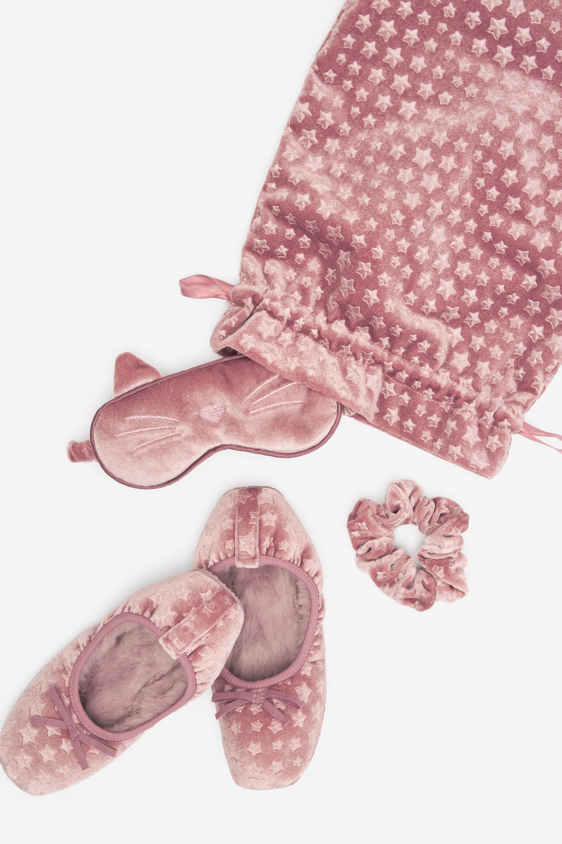 Pink Velvet Slipper Gift Set with Scrunchie and Eye Mask