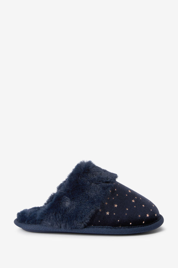 Navy Blue Star Recycled Faux Fur Mule Slippers