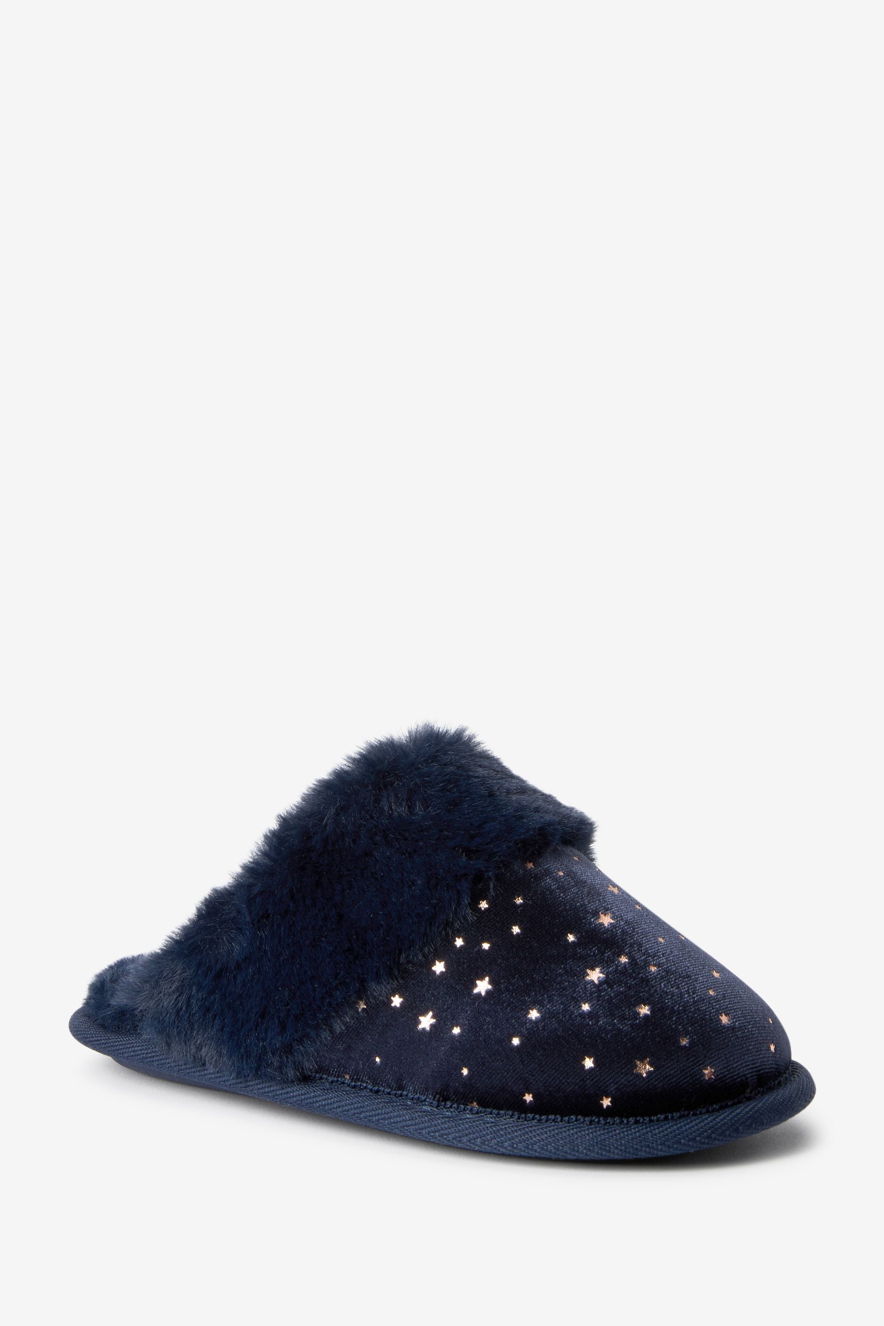 Navy Blue Star Recycled Faux Fur Mule Slippers