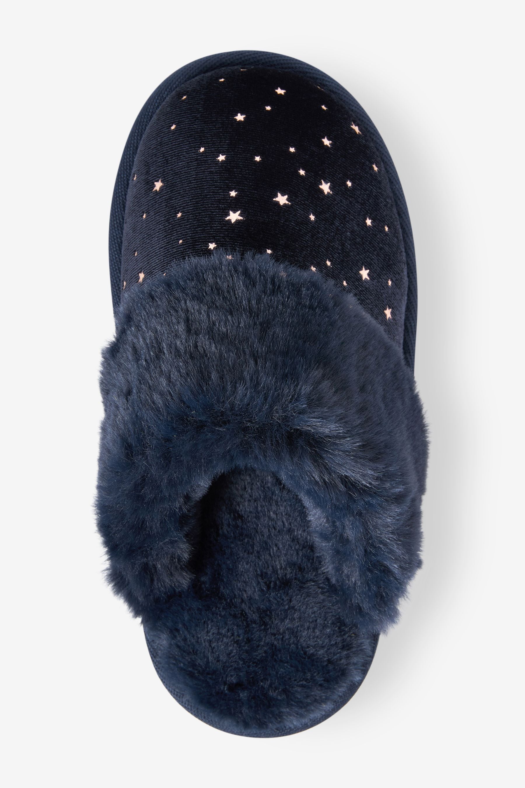 Navy Blue Star Recycled Faux Fur Mule Slippers