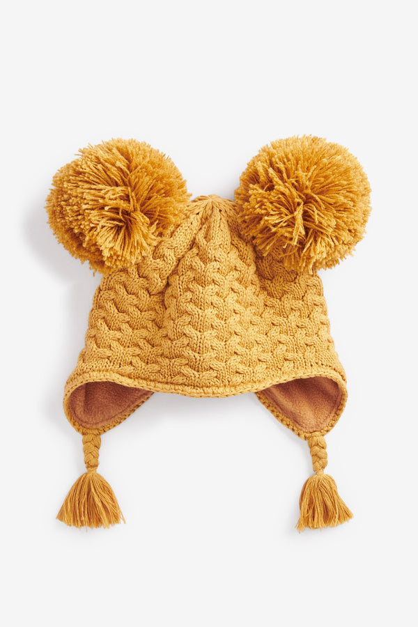 Ochre Yellow Double Pom Baby Trapper Hat (0mths-2yrs)