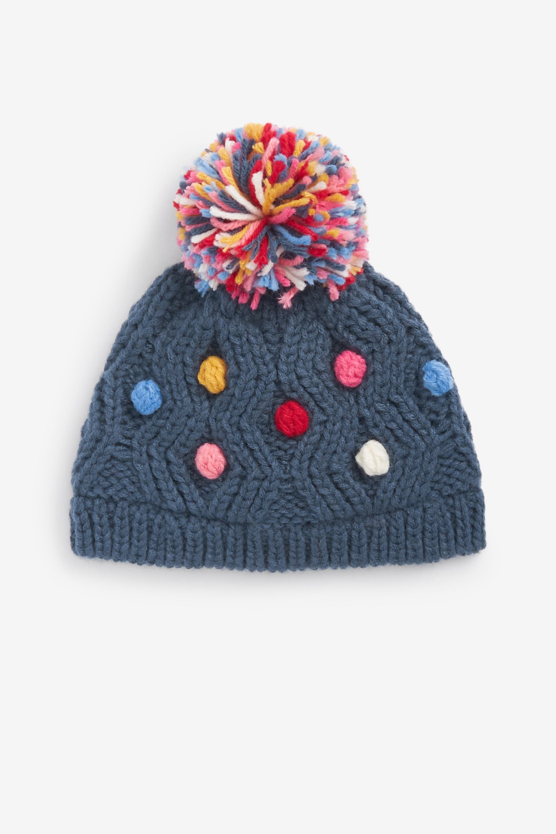 Navy Blue Bright Spot Knitted Baby Pom Hat (0mths-2yrs)