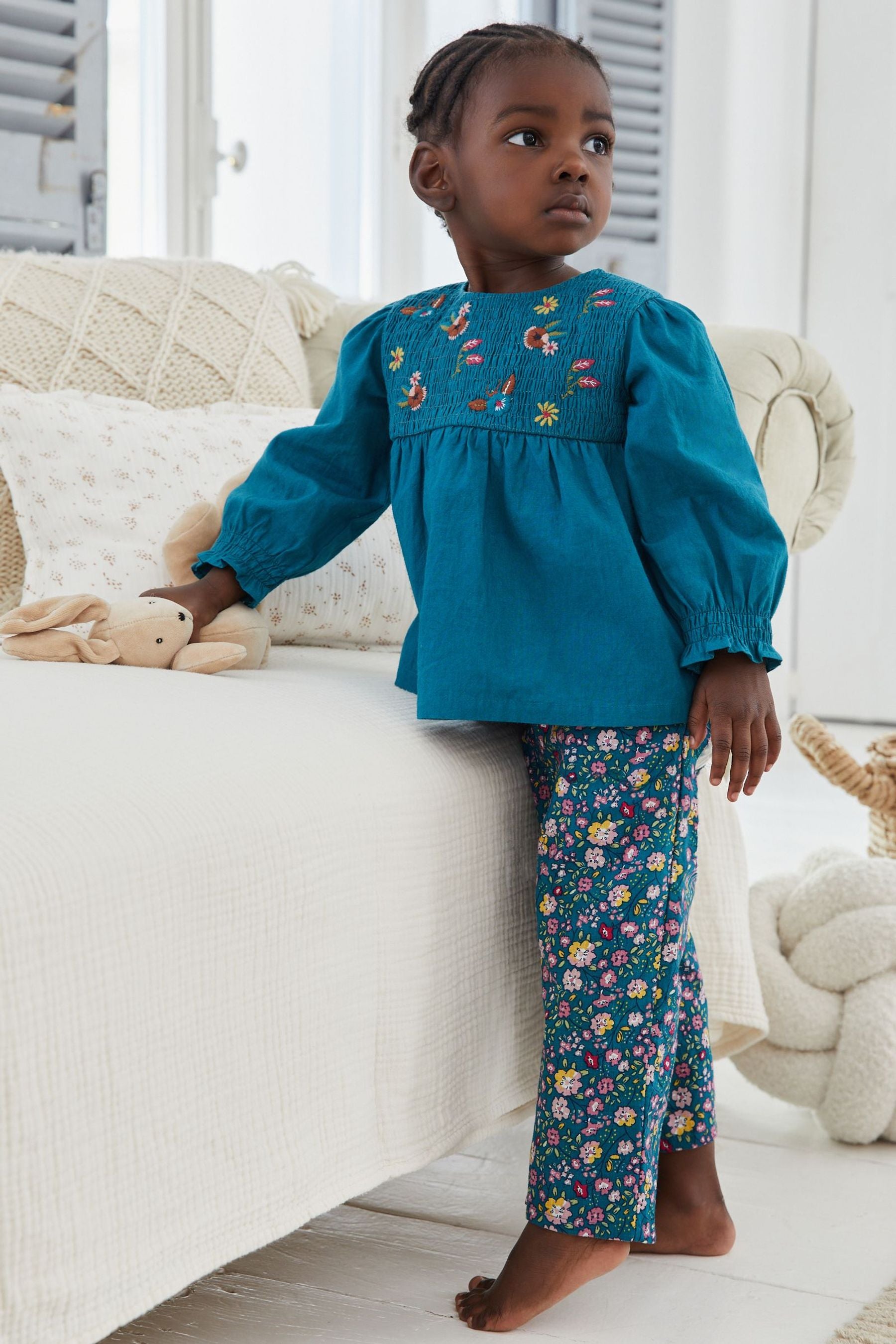 Teal Blue Floral Embroidered Woven Pyjama Set (9mths-6yrs)