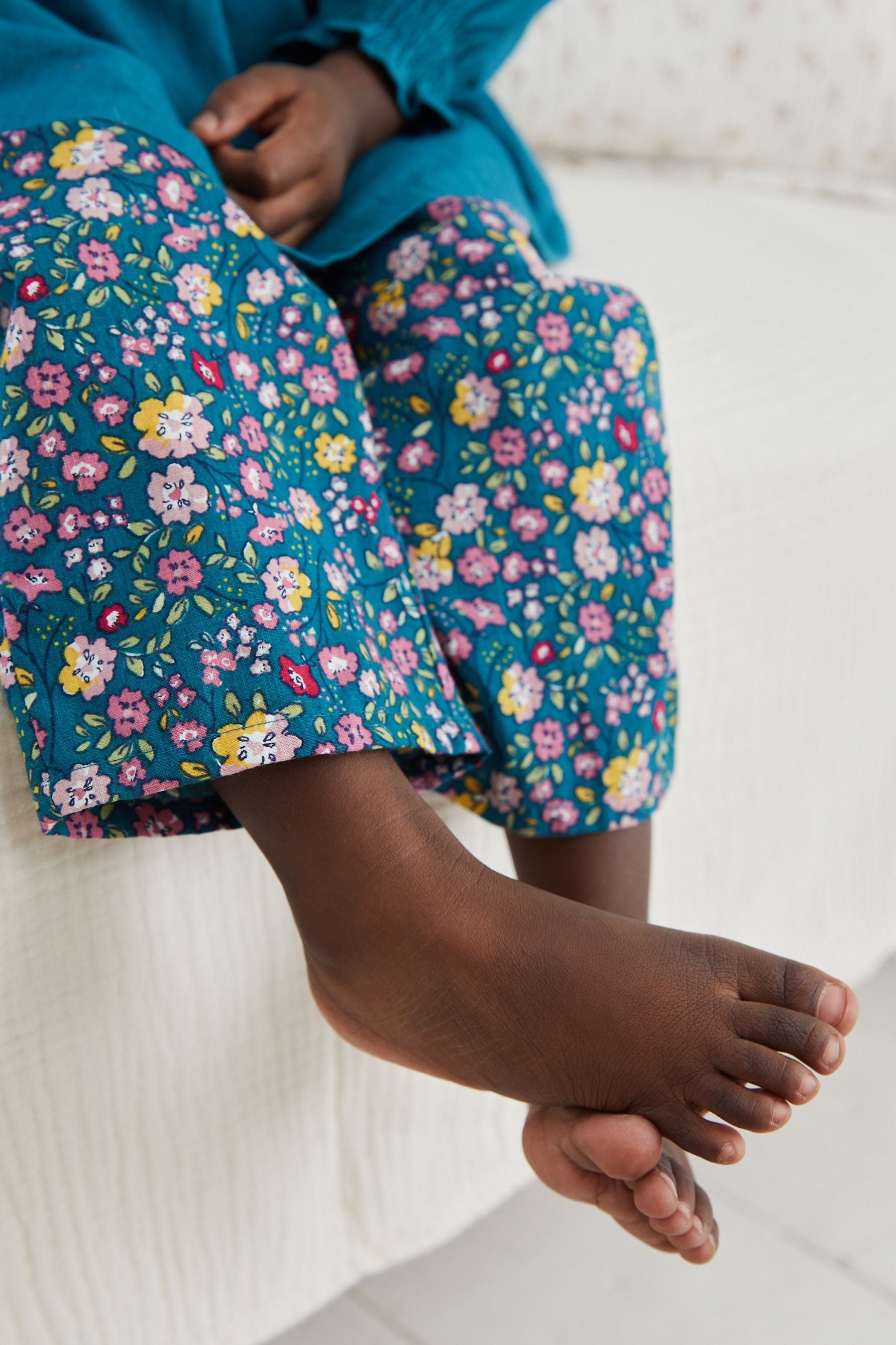 Teal Blue Floral Embroidered Woven Pyjama Set (9mths-6yrs)