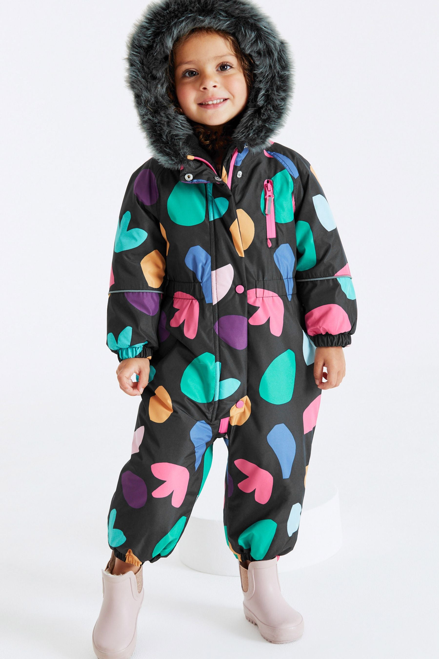 Multi Waterproof Printed Snowsuit With Faux Fur Hood (6mths-7yrs)