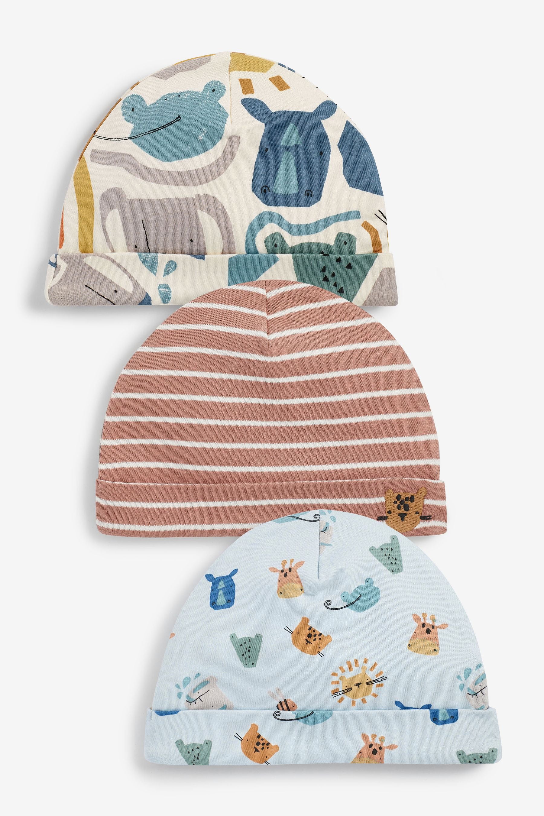 Cream/Blue Animal Baby 3 Pack Beanie Hats (0-18mths)