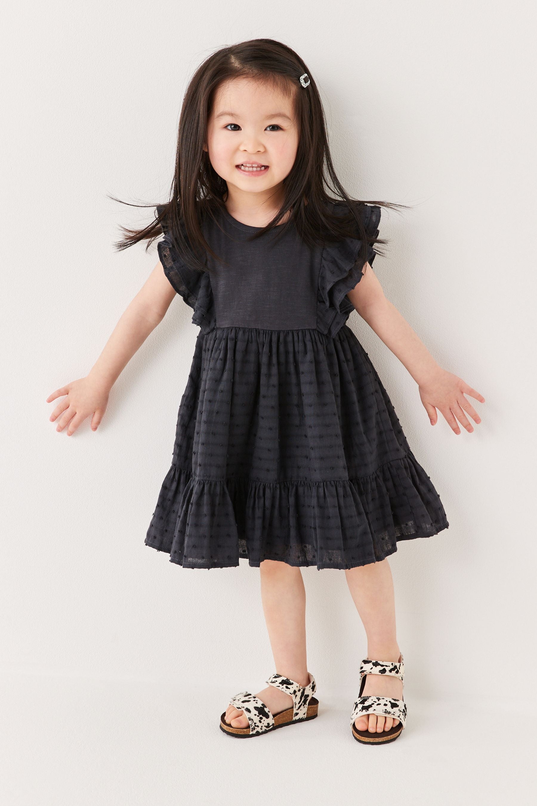 Charcoal Grey Woven And Jersey Mixed Dress (3mths-7yrs)