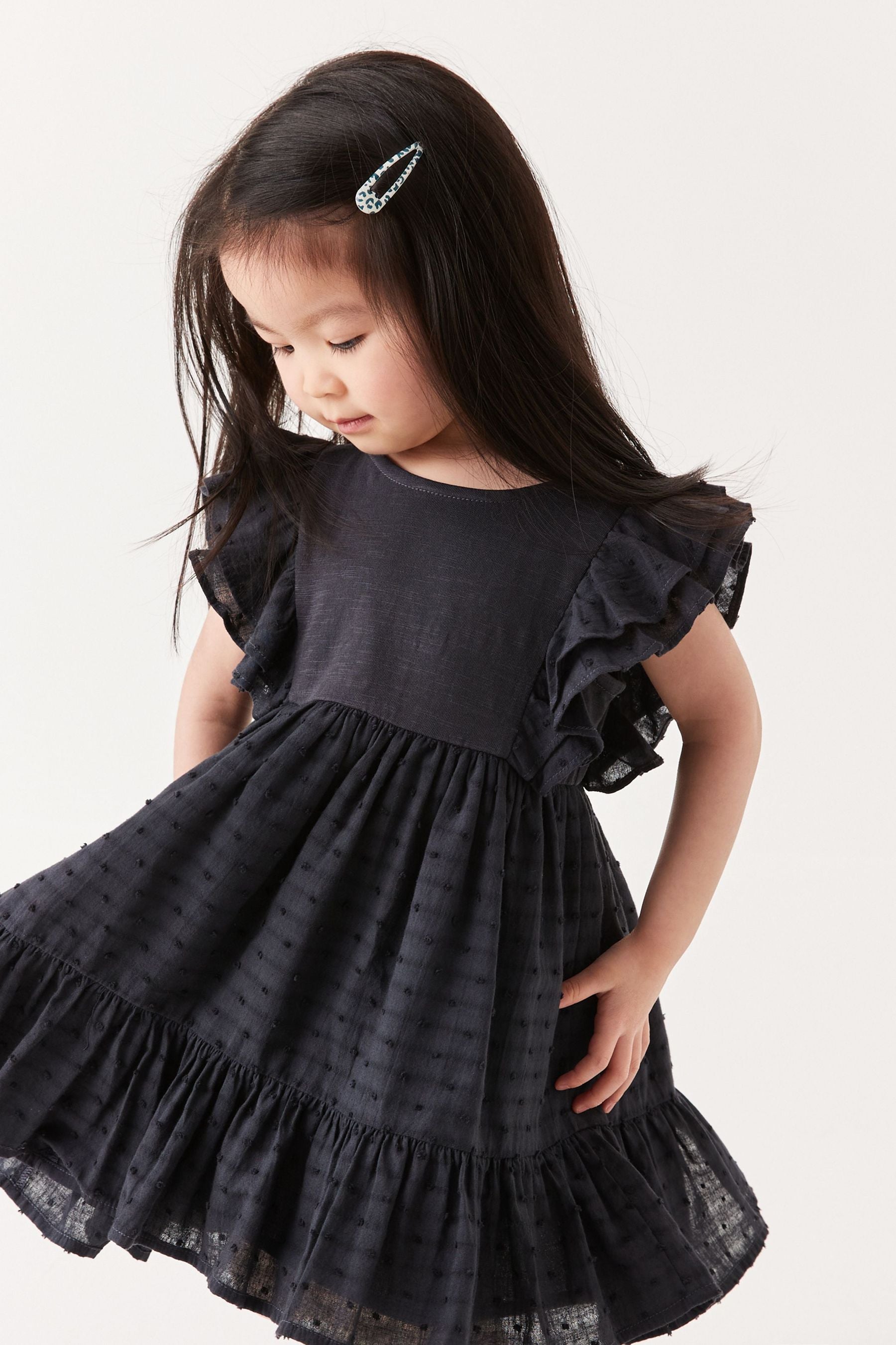 Charcoal Grey Woven And Jersey Mixed Dress (3mths-7yrs)