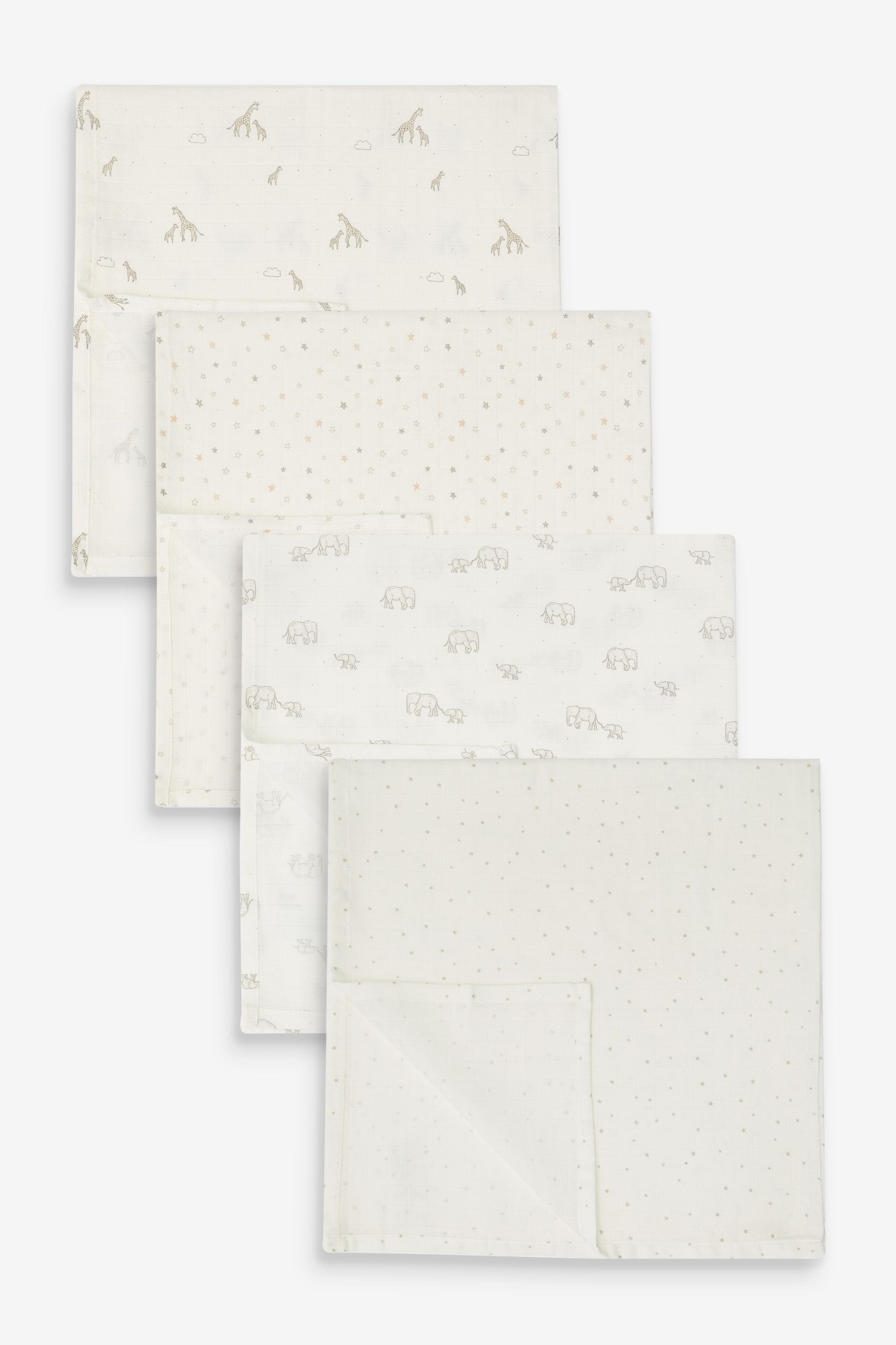 White Animal Baby Muslin Squares 4 Pack