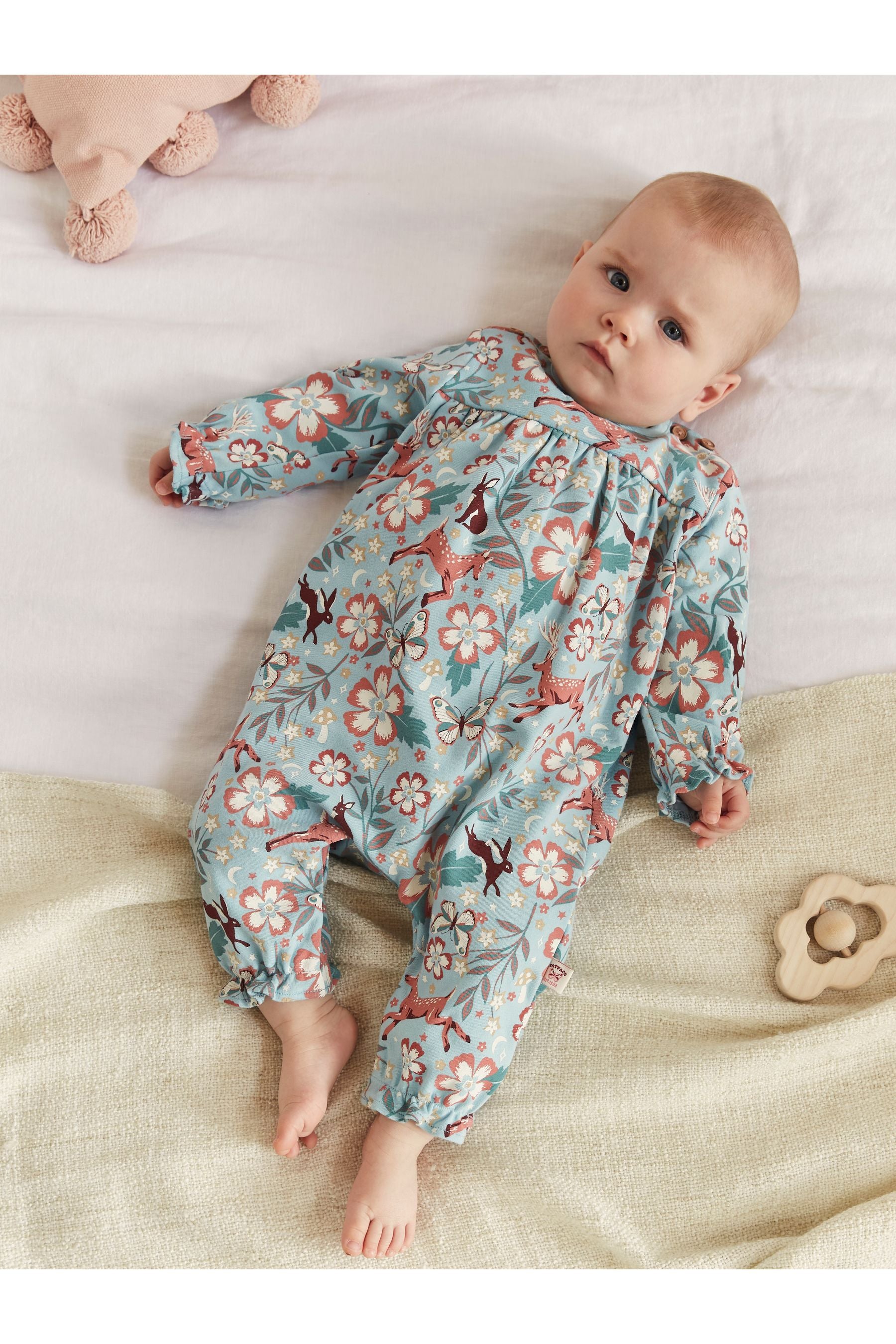 Teal Blue FatFace Baby Crew Woodland Print Frill Romper