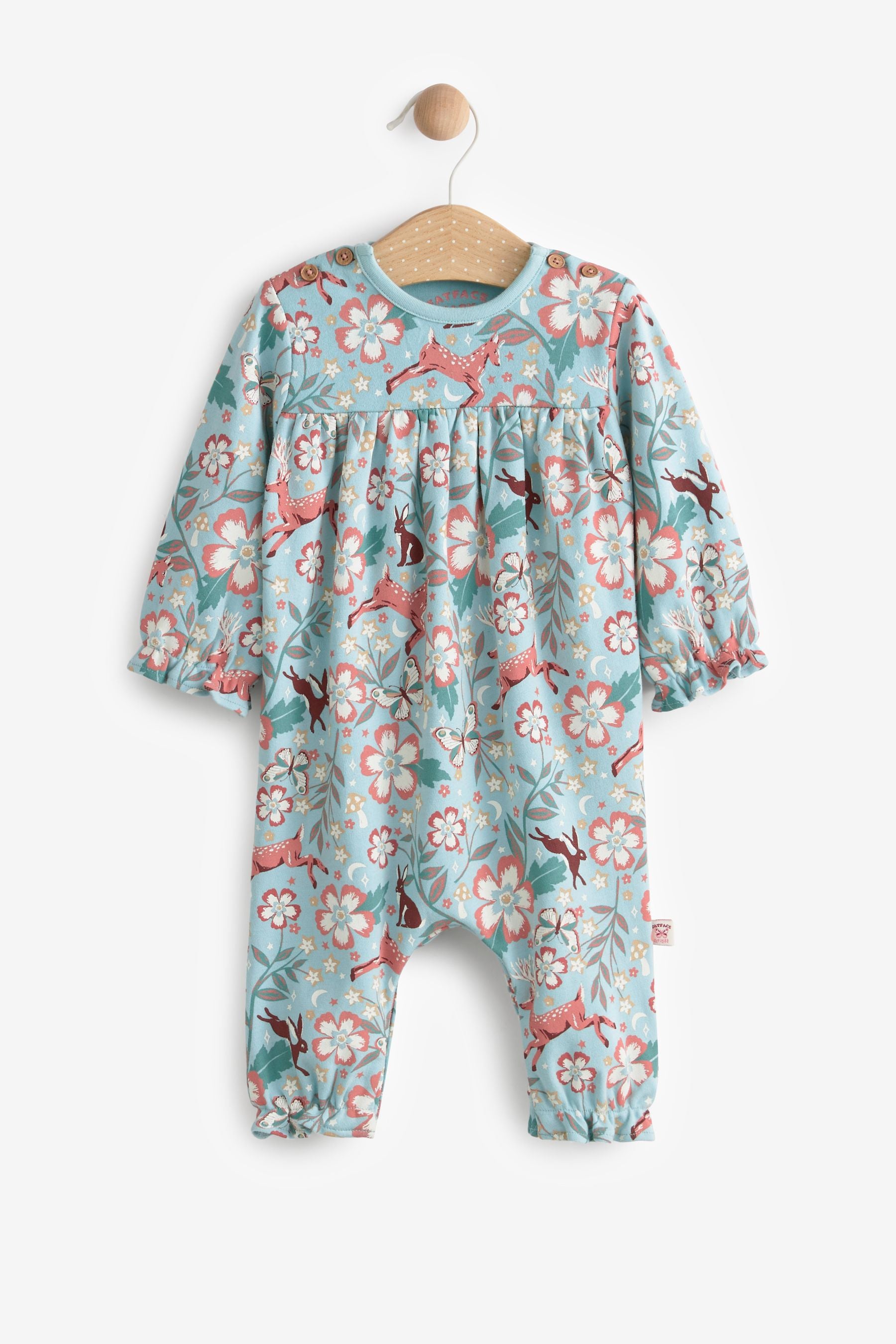 Teal Blue FatFace Baby Crew Woodland Print Frill Romper