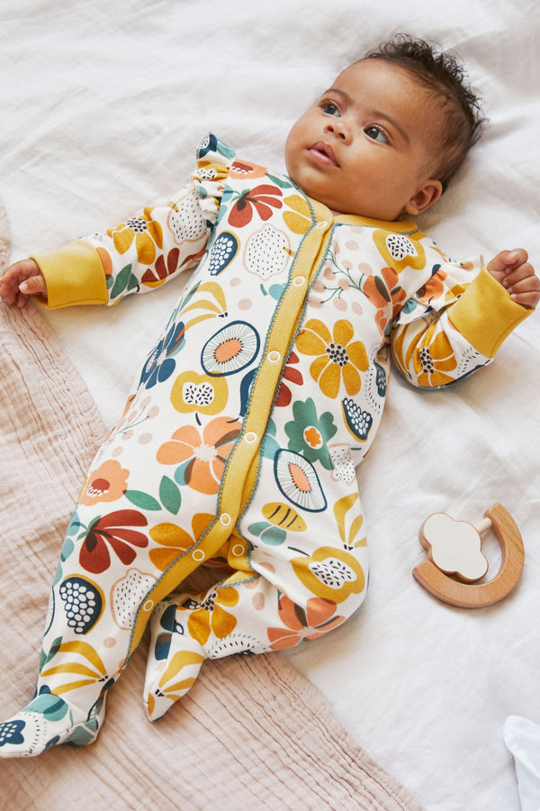 Green/Yellow Floral Shoulder Frill Baby Sleepsuits 3 Pack (0-0mths)