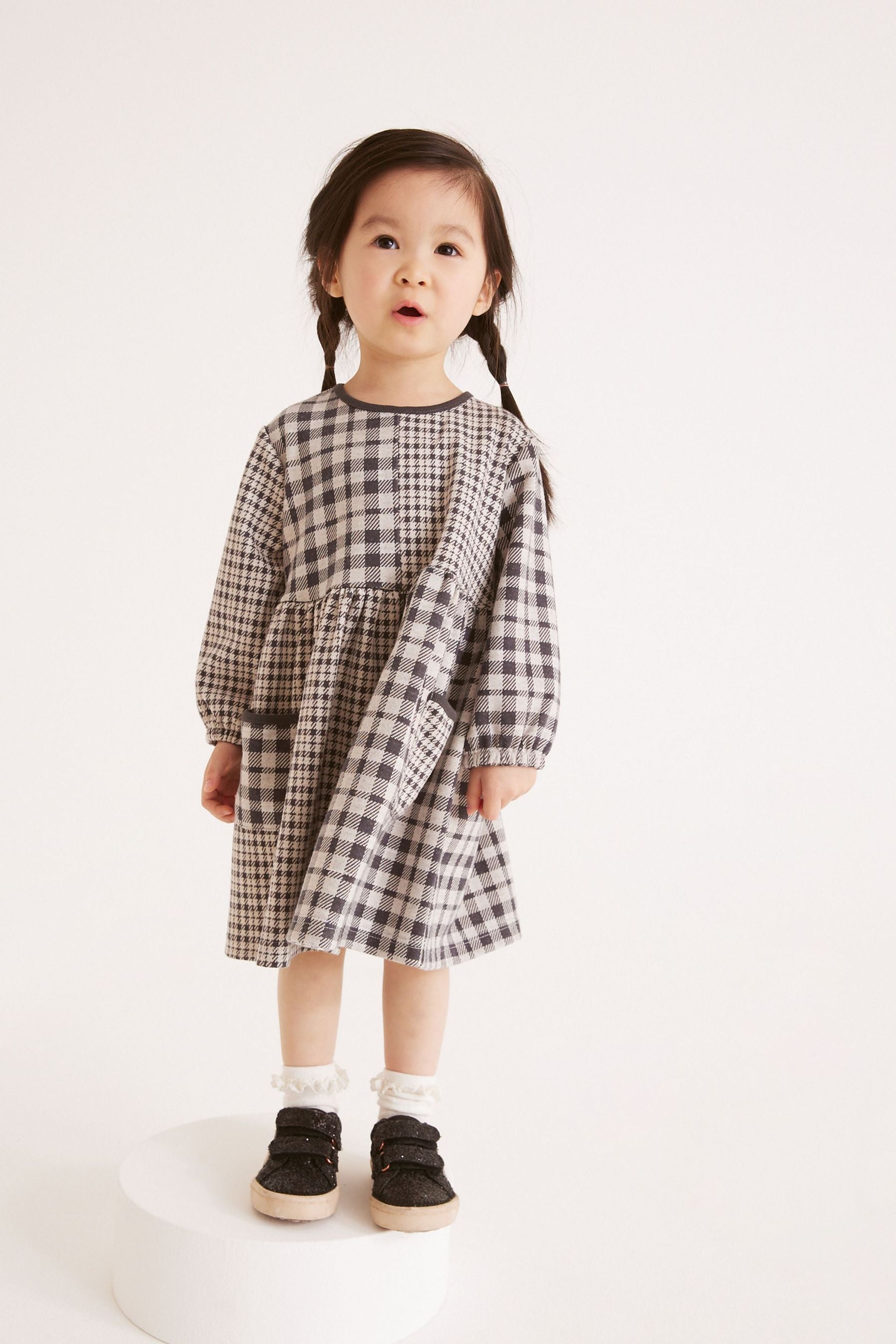 Black/White Check Contrast Trim Pocket Dress (3mths-7yrs)