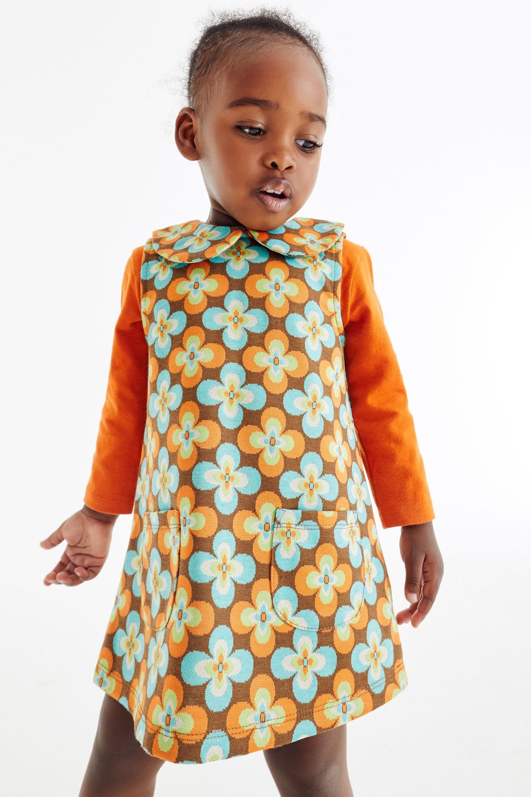 Orange Retro Flower Pinafore Dress And T-Shirt Set (3mths-7yrs)