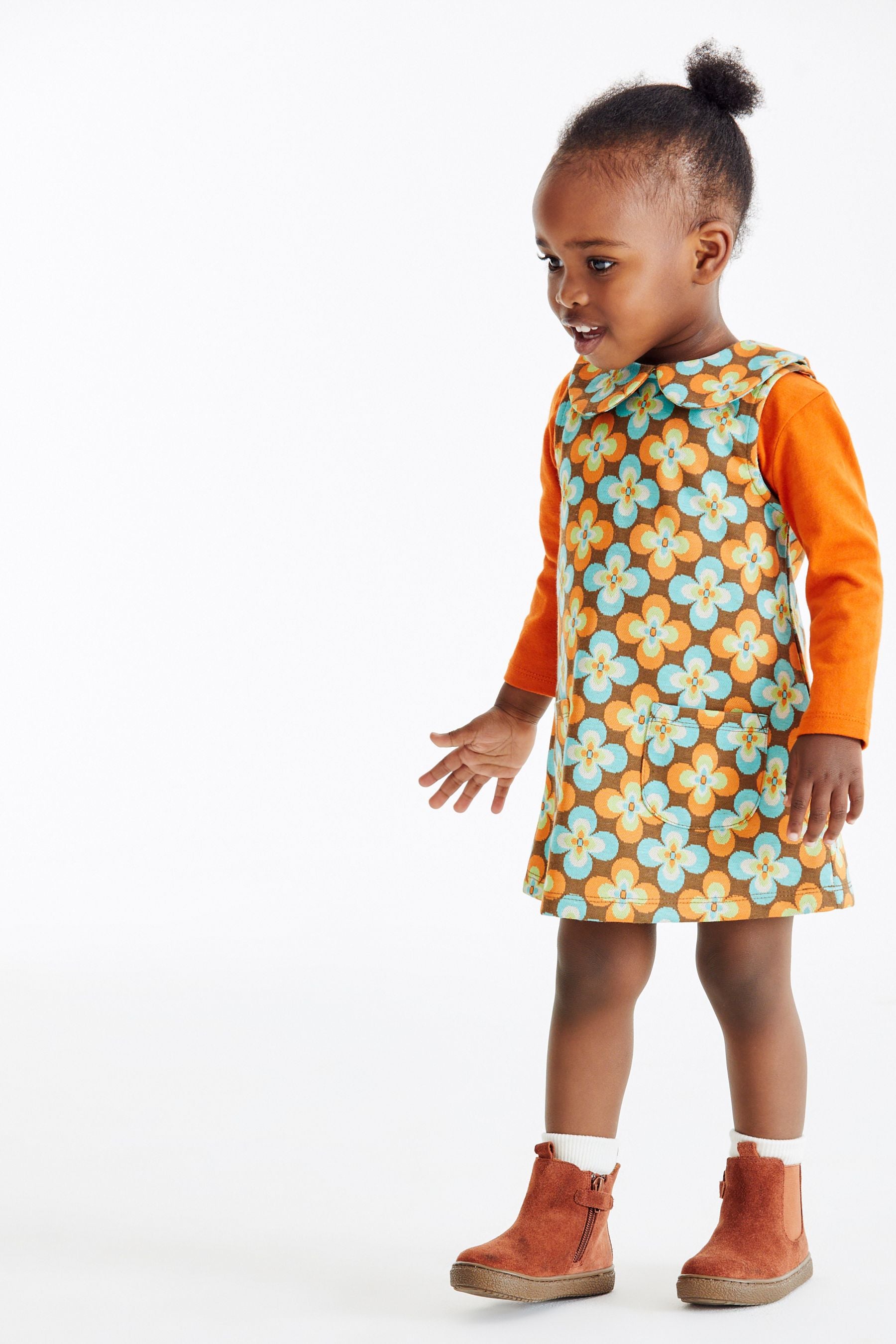 Orange Retro Flower Pinafore Dress And T-Shirt Set (3mths-7yrs)