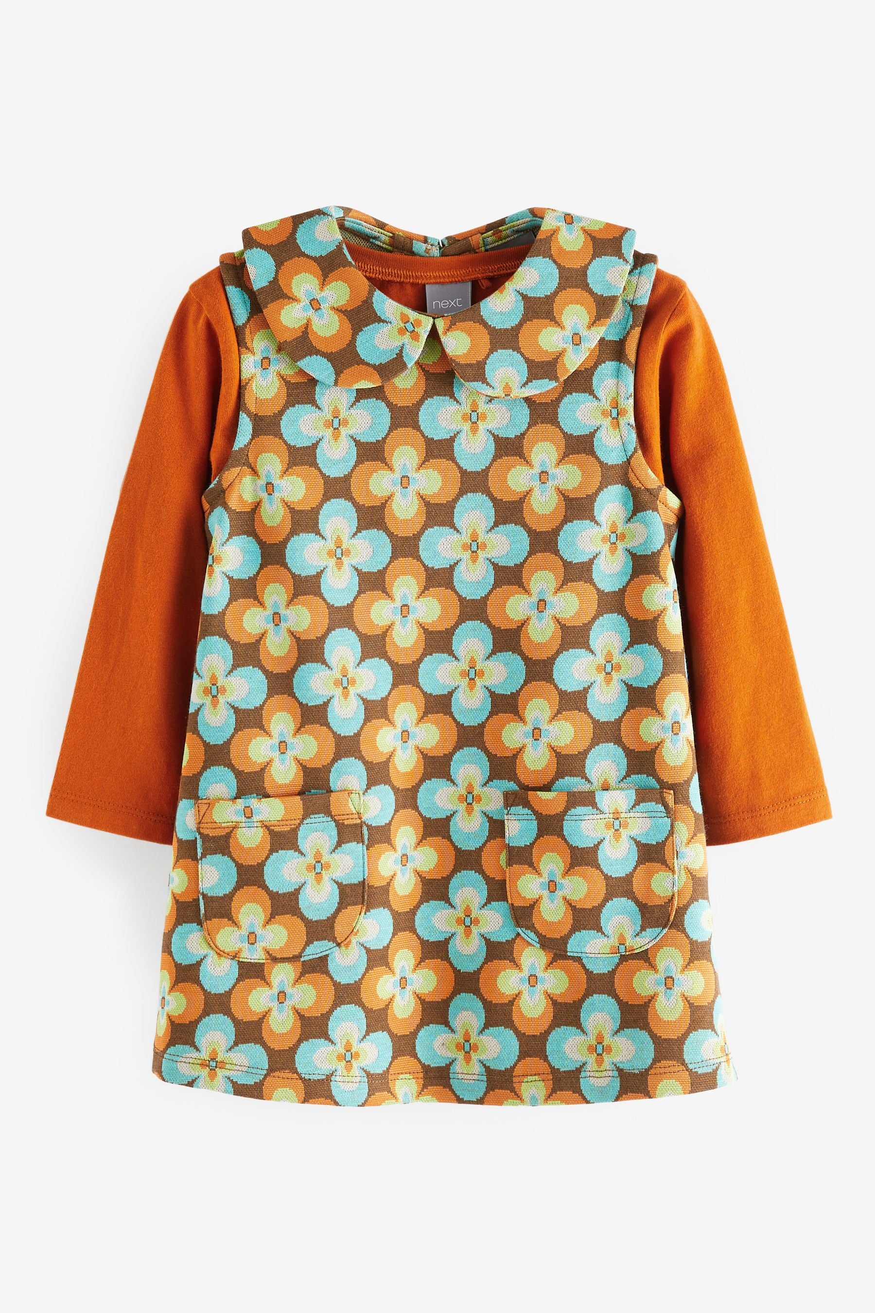 Orange Retro Flower Pinafore Dress And T-Shirt Set (3mths-7yrs)