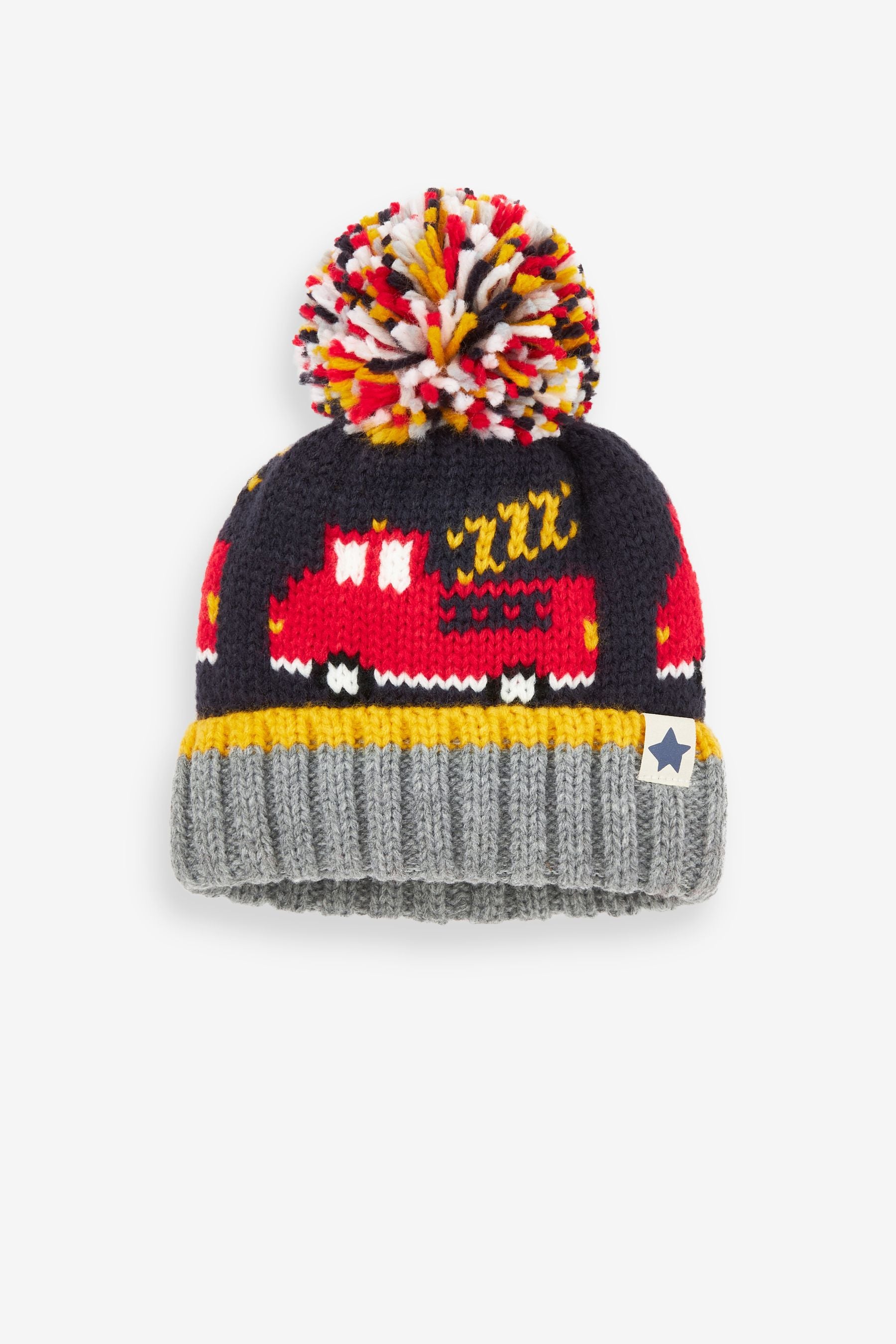 Navy Blue Fire Engine Pom Hat (3mths-10yrs)