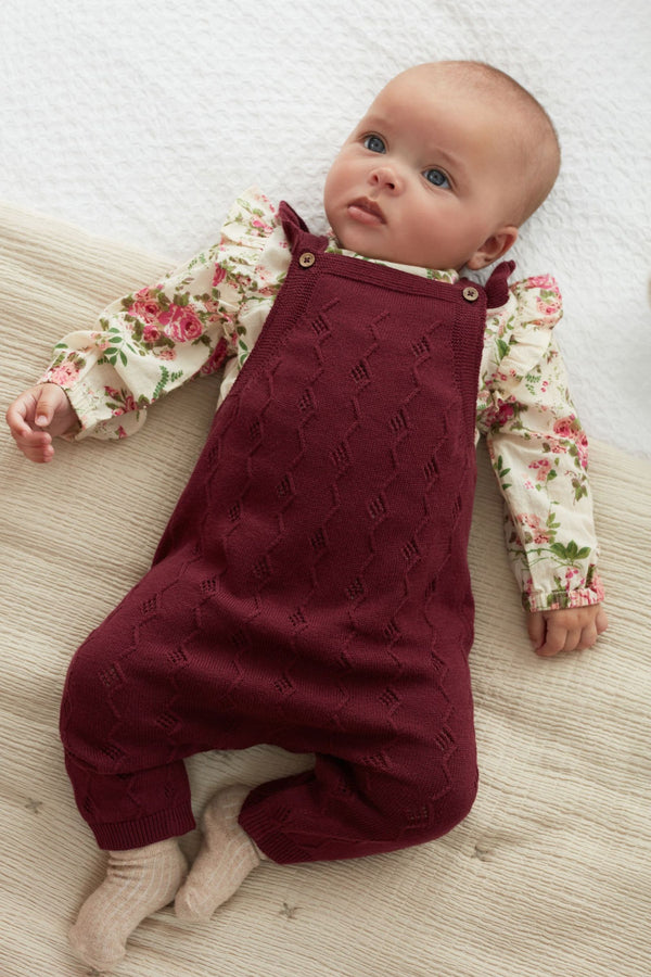 Berry Red Knitted Supersoft Baby Dungarees With Floral Printed Collared Bodysuit (0mths-2yrs)